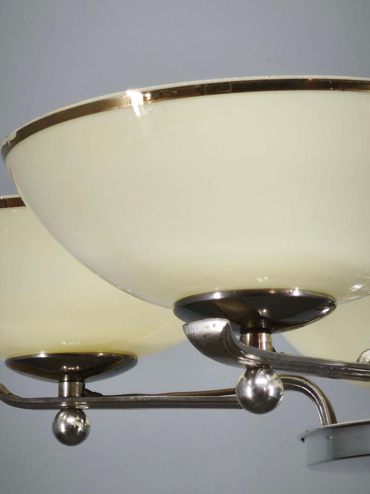Lustre Art déco tchèque en nickel avec abat-jour en verre champagne, années 1930 photo Luminaires