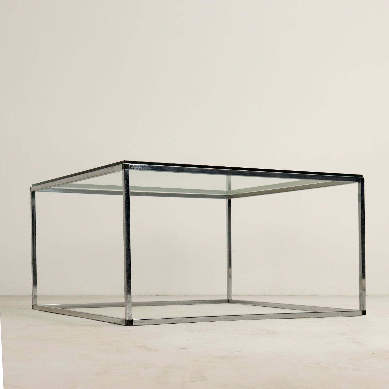 Glazen salontafel met chromen frame, jaren 1980 photo vintage