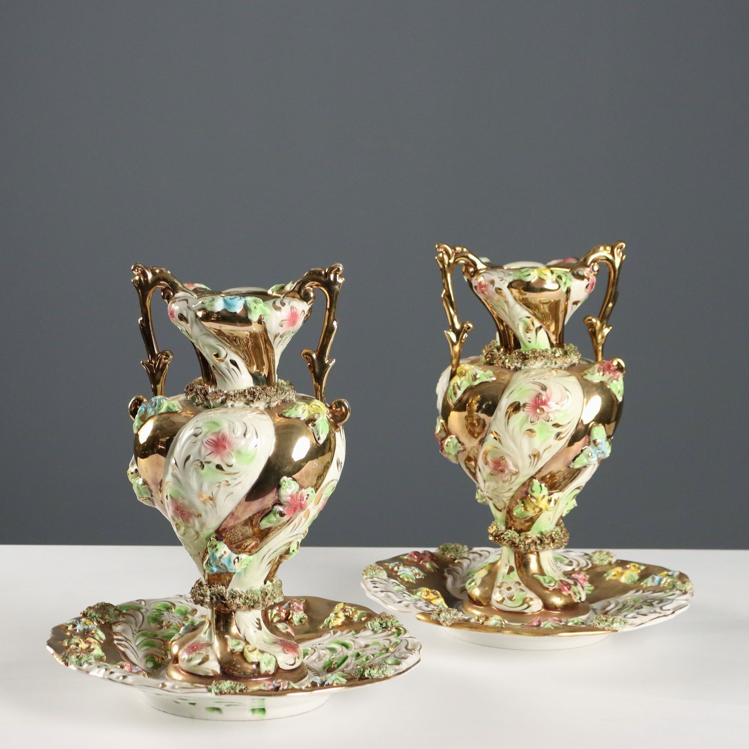 Vintage Vases With Plate Capodimonte's Manufacture Italy 1950s 60s