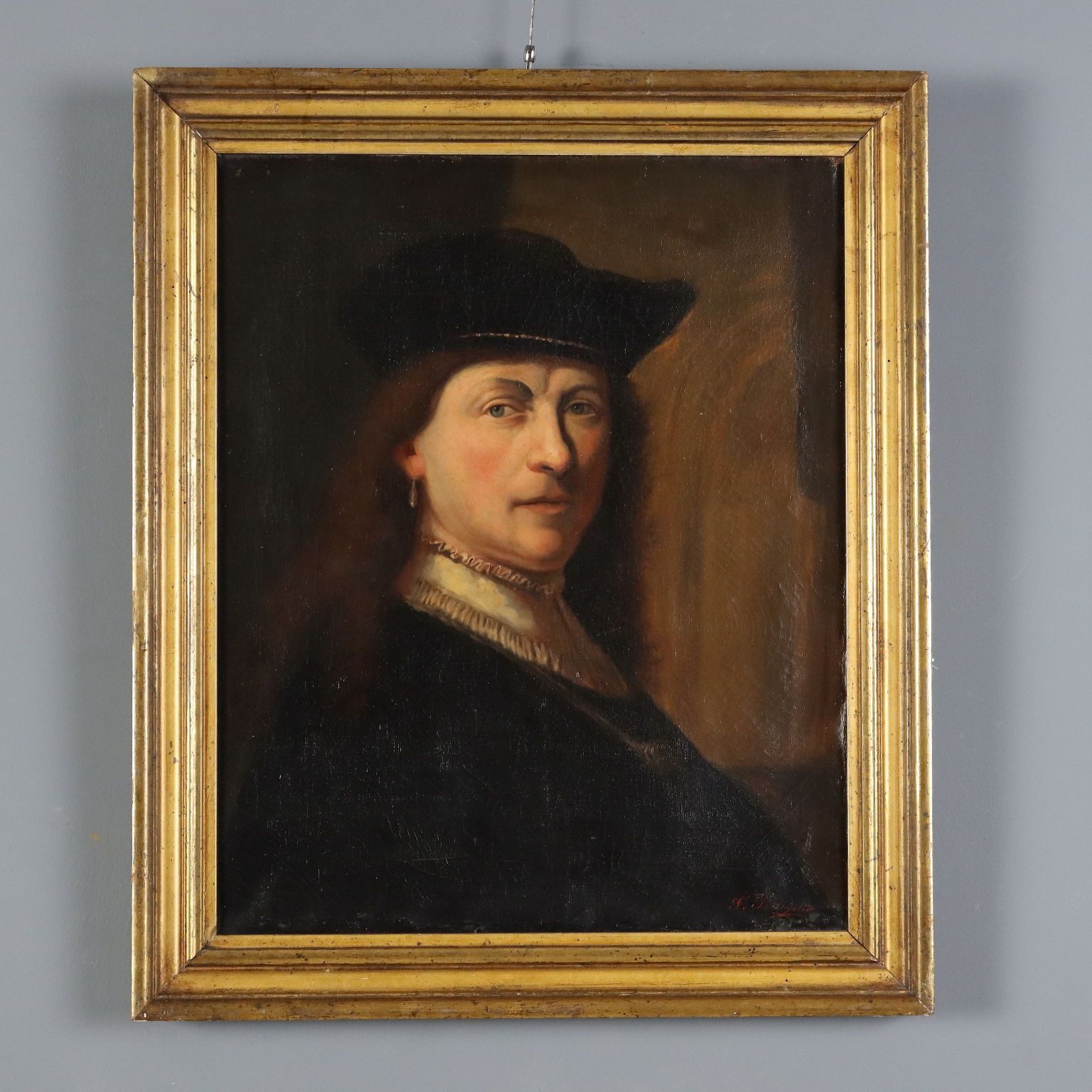 Antiek schilderij, portret van Rembrandt, olieverf op doek, 19e eeuw
