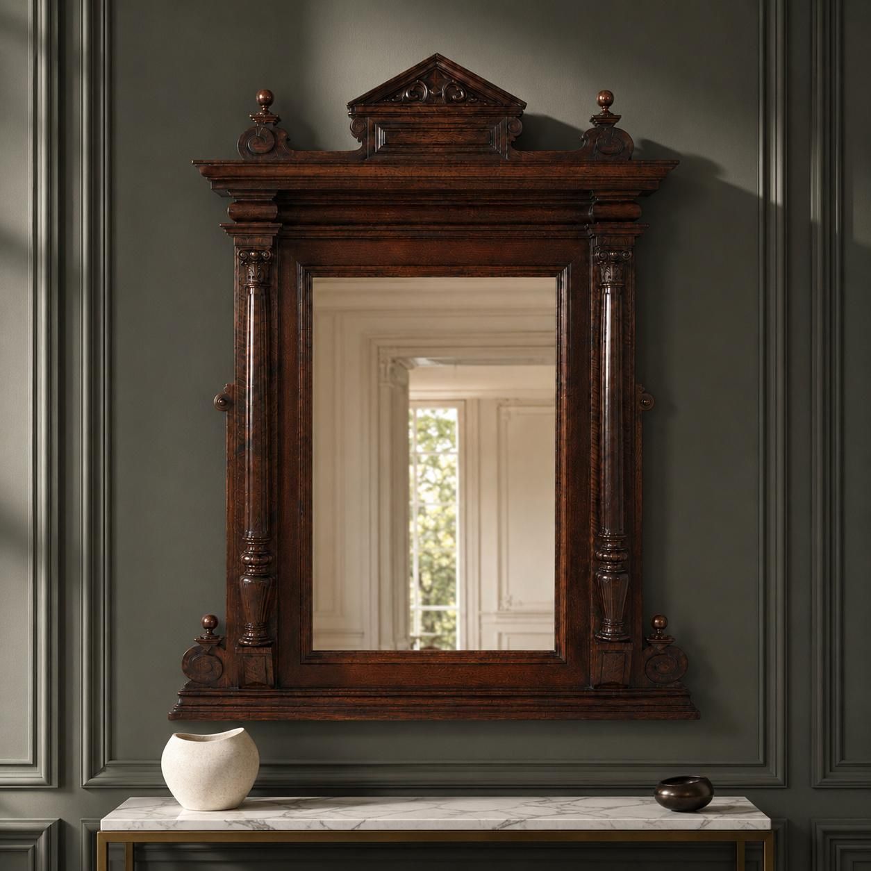 Monumental 19th Century Italian Carved Walnut Mirror With Architectural Pediment photo buy