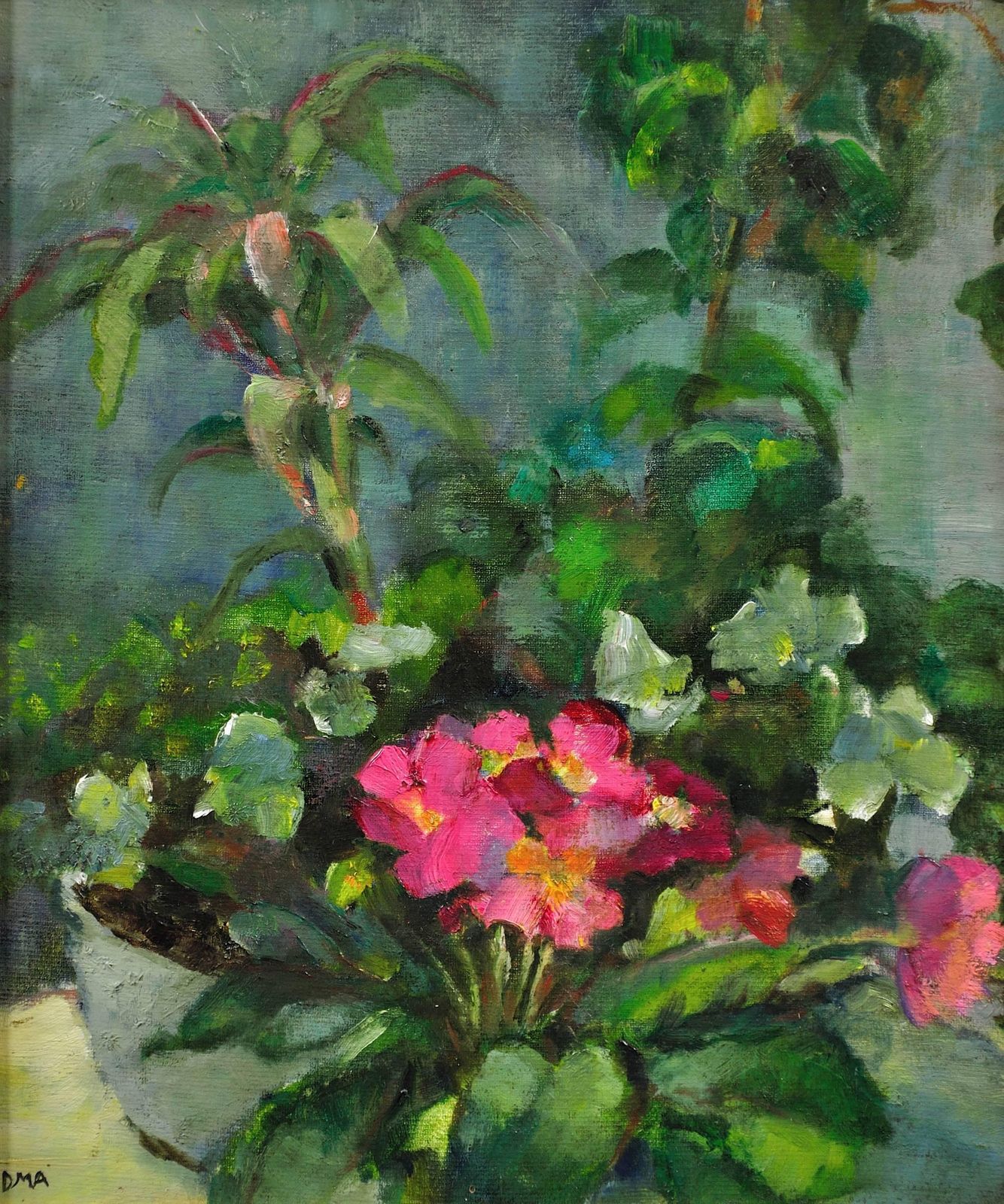Diana Maxwell Armfield B.1920. English. Pink Primulas & Pot Plants. Original Still Life Flower Oil Painting. Modern British. photo furniture
