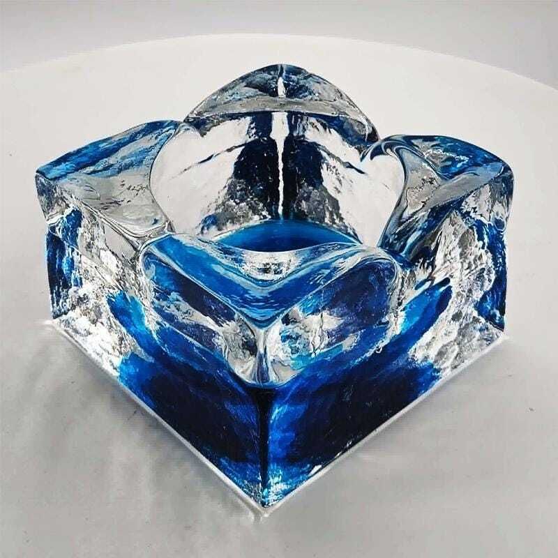 Grote vierkante asbak of vide-poche in handbewerkt Murano-glas met ijsblokjeseffect, ca. jaren 1960. Made In Italy   12 cm photo vinterior