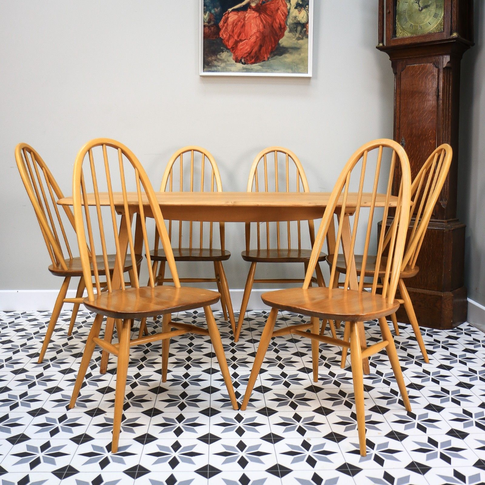 Six Ercol Quaker 365 Chairs And Ercol Plank Dinnig Table  In Elm And photo vintage
