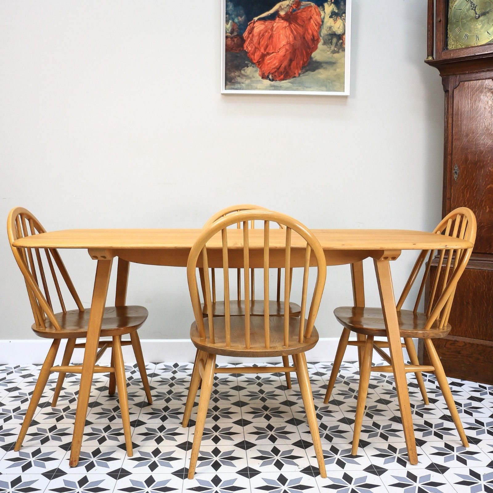 photo for sale Four Ercol Windsor 370 Dining Chairs With 382 Elm Plank Dining Table