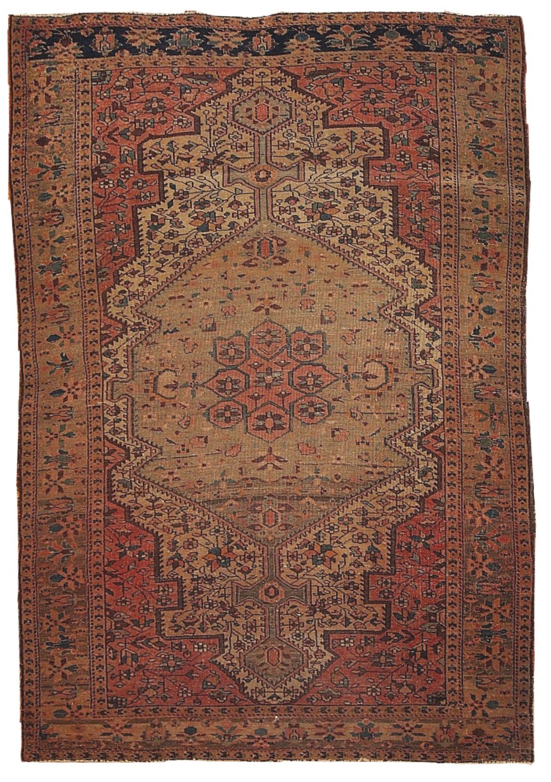 Tapis oriental fait main 131 x 204 cm, vert olive et rouge rouille, vers 1910
