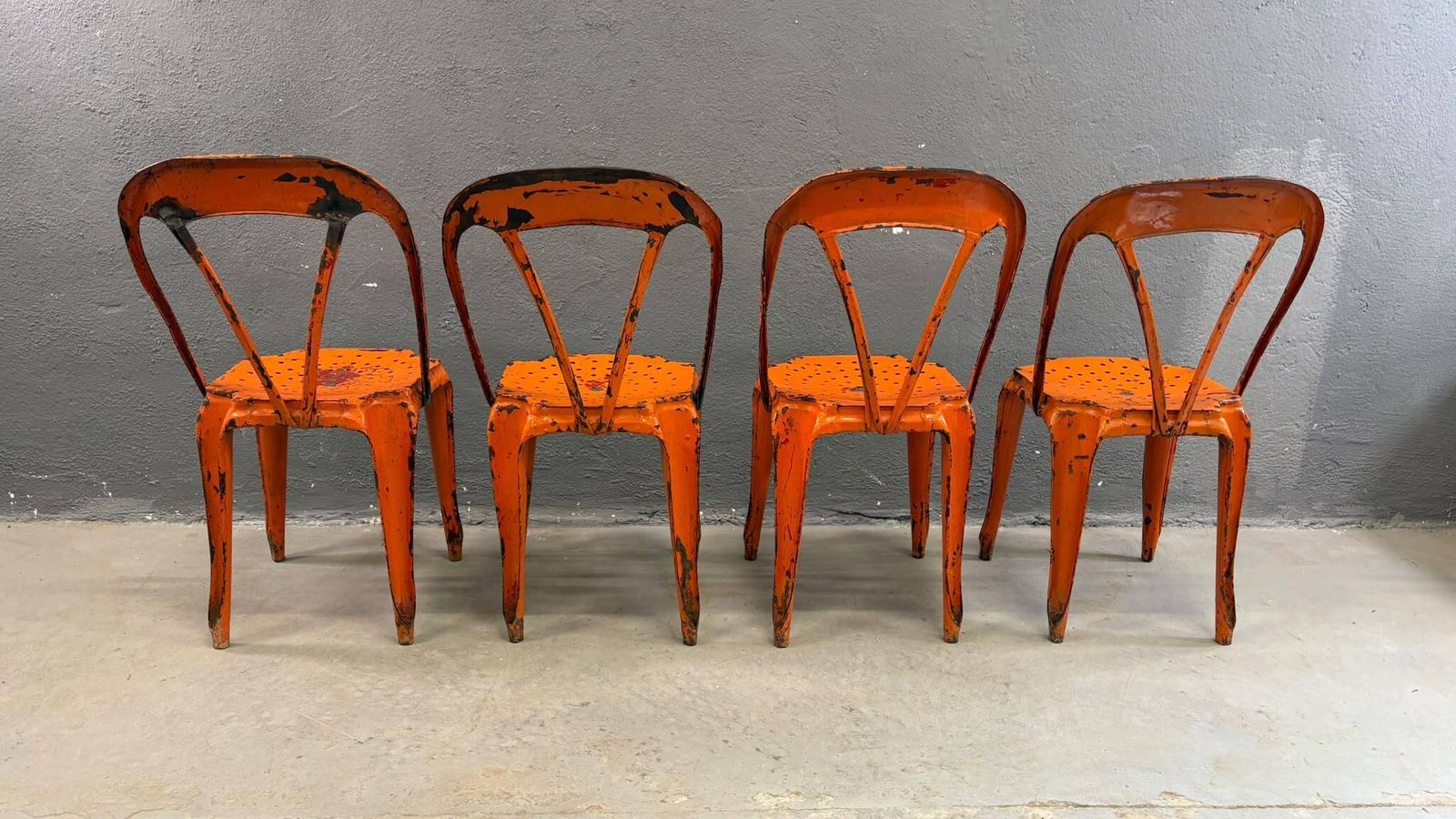 Set van vier industriële metalen eetkamerstoelen van Joseph Mathieu, geschilderd staal, jaren 1920, Frankrijk photo for sale
