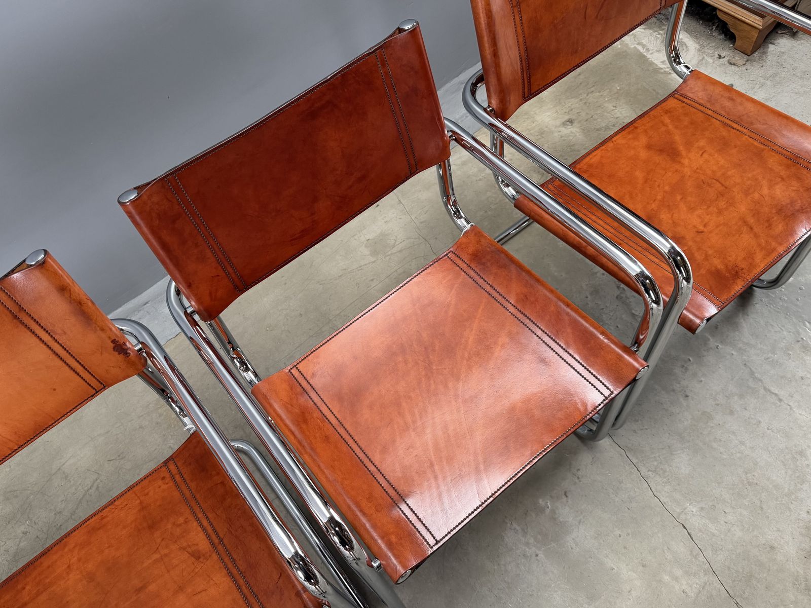 photo for sale Six 6 Dining Mart Stam Marcel Breuer S34 Set Of 6  Chrome Tan Cognac Brown Leather Cantilever Bauhaus