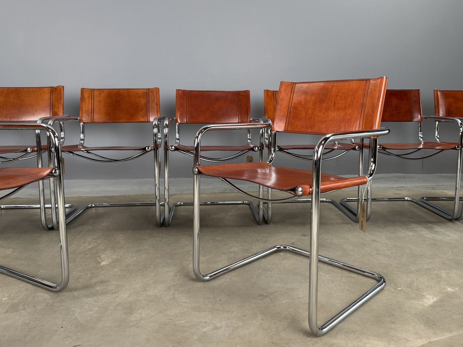 photo buy Six 6 Dining Mart Stam Marcel Breuer S34 Set Of 6  Chrome Tan Cognac Brown Leather Cantilever Bauhaus