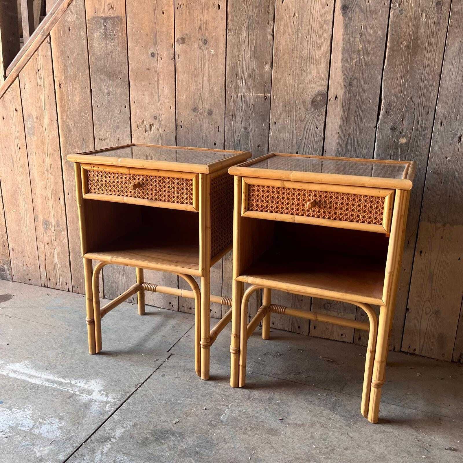 A Pair Of Cane Bedside Cabinets With Drawer And Enclosed Shelf photo vintage
