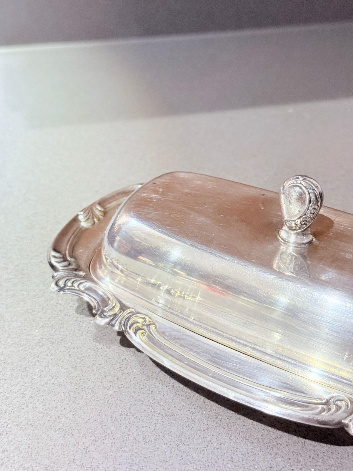 414.0 Antique Silver Butter Dish With Crystal Liner & Spoon, Elegant Vintage Tableware photo