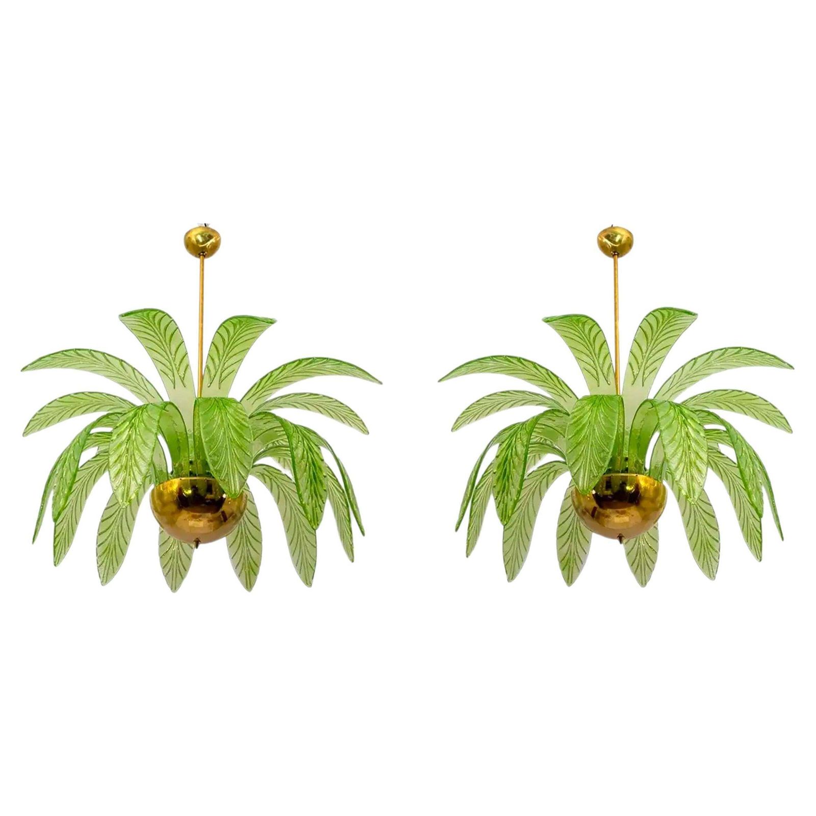 Paar Mid-Century Modern palmbladeren kroonluchters van Murano-glas en messing
