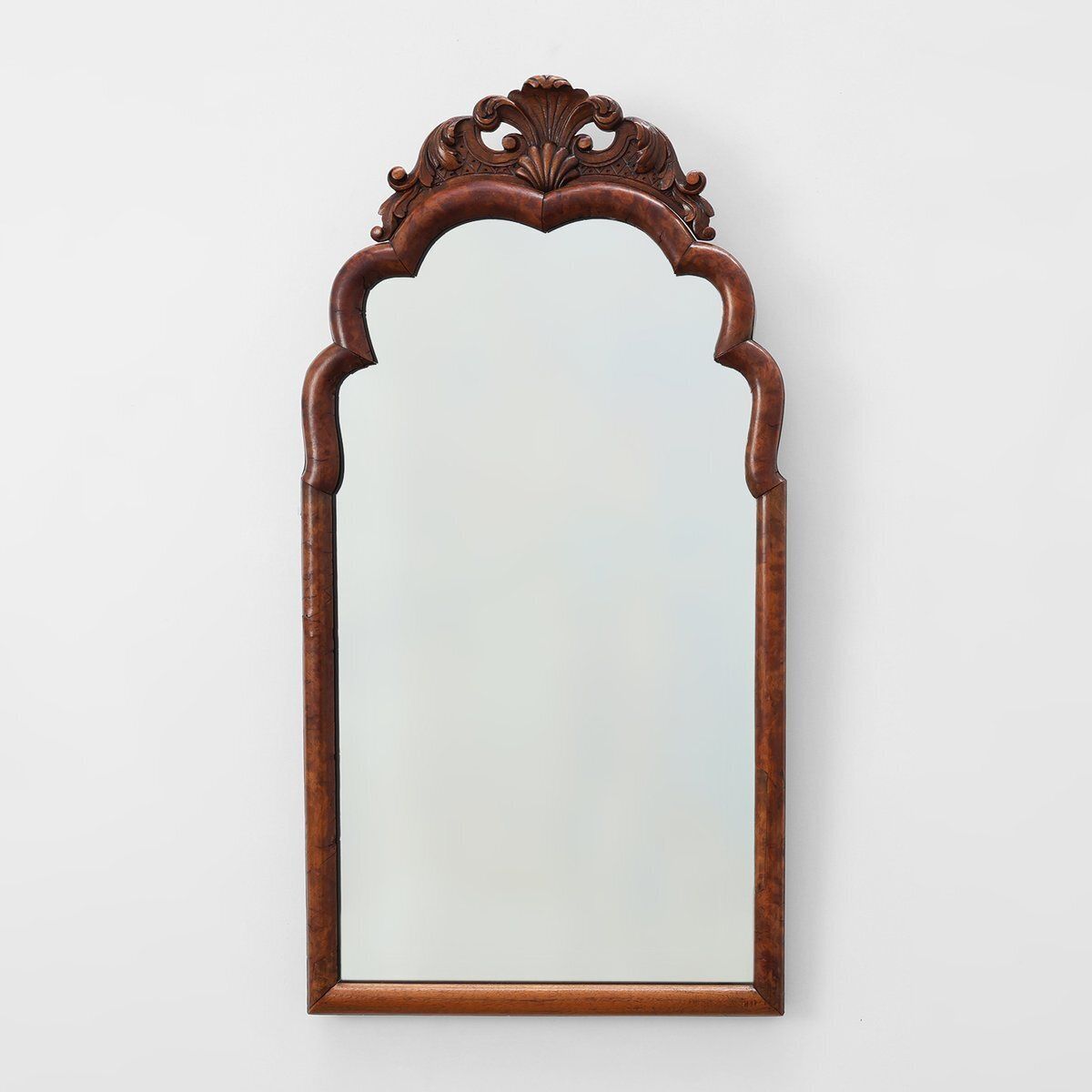 Louis XV Style Root Veneer Mirror With Scalloped Curved Frame And Oister Crest, 1800s