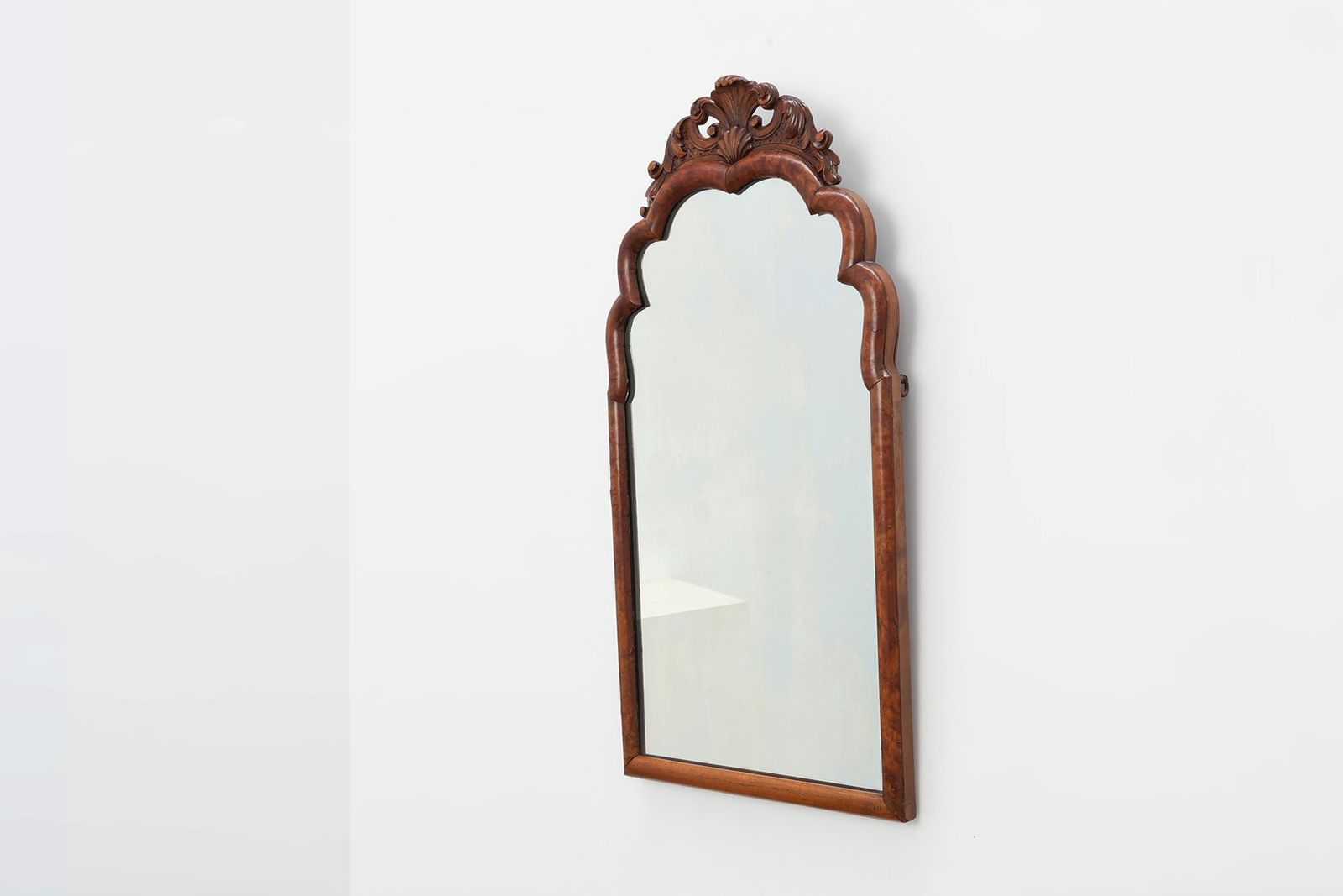 Louis XV Style Root Veneer Mirror With Scalloped Curved Frame And Oister Crest, 1800s photo for sale