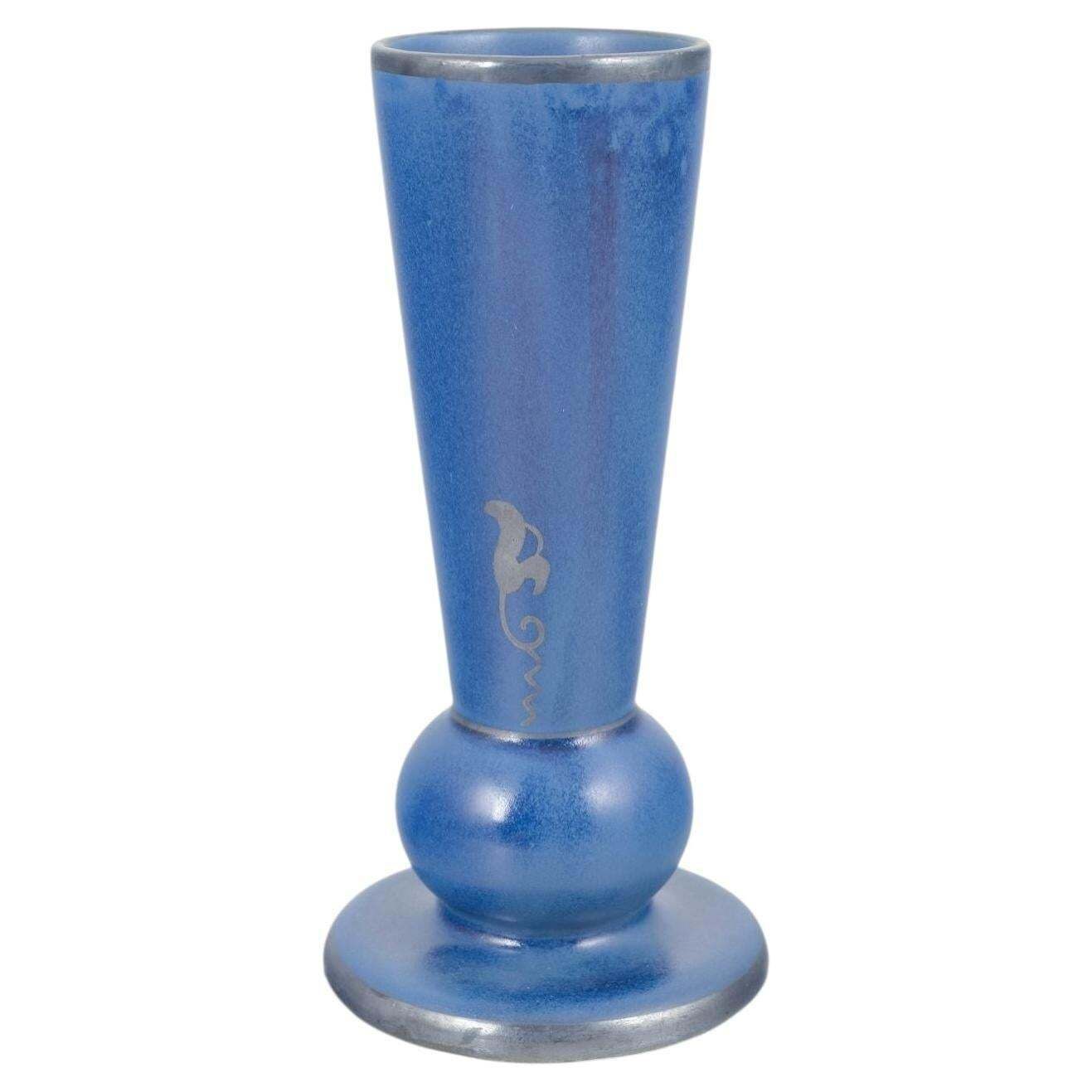 Arabia, Finland. Tall Vase In Intense Blue Glaze With Stylised Motif. 1960s