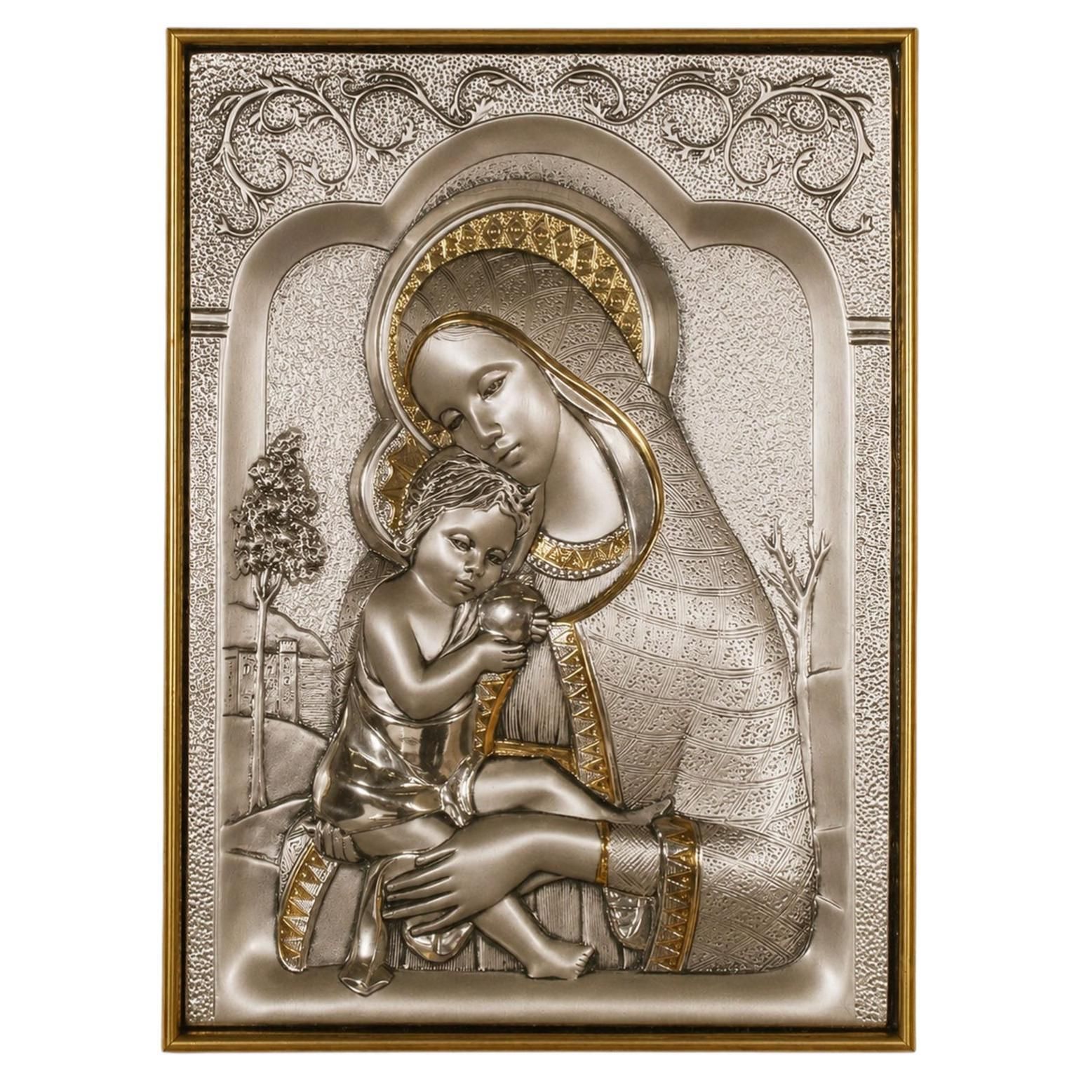 Italiaanse gedreven zilveren plaquette met Madonna en Kind, door Guerrini, zilver 925 photo Kunst