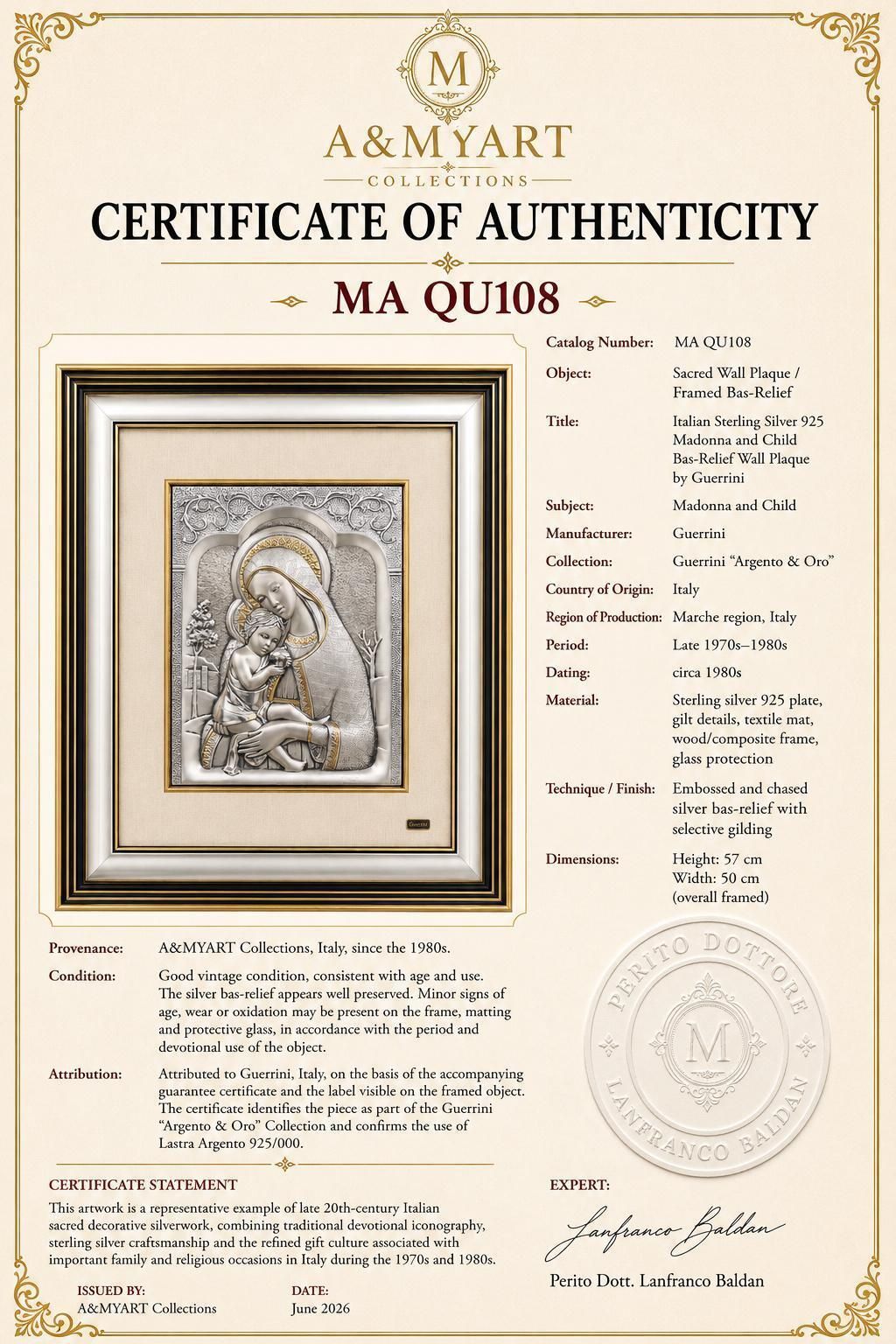 photo furniture Italiaanse gedreven zilveren plaquette met Madonna en Kind, door Guerrini, zilver 925