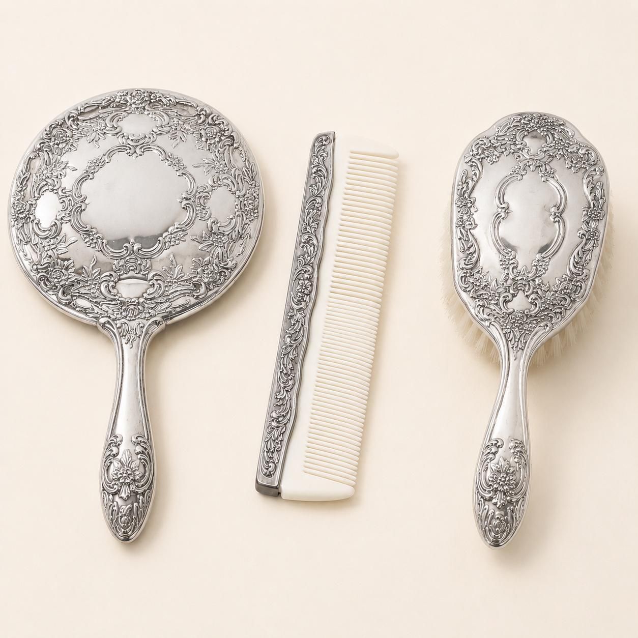 Italian 1980s Silver Plated Three Piece Vanity Set In The Florentine Neo Rococo Style photo Home Decor