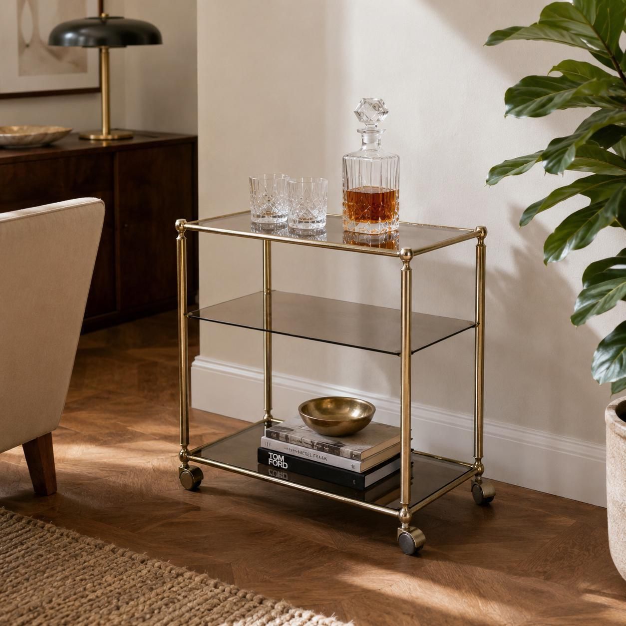 Romeo Rega Italian Brass And Smoked Glass Three Tier Bar Cart, 1970s photo vinterior