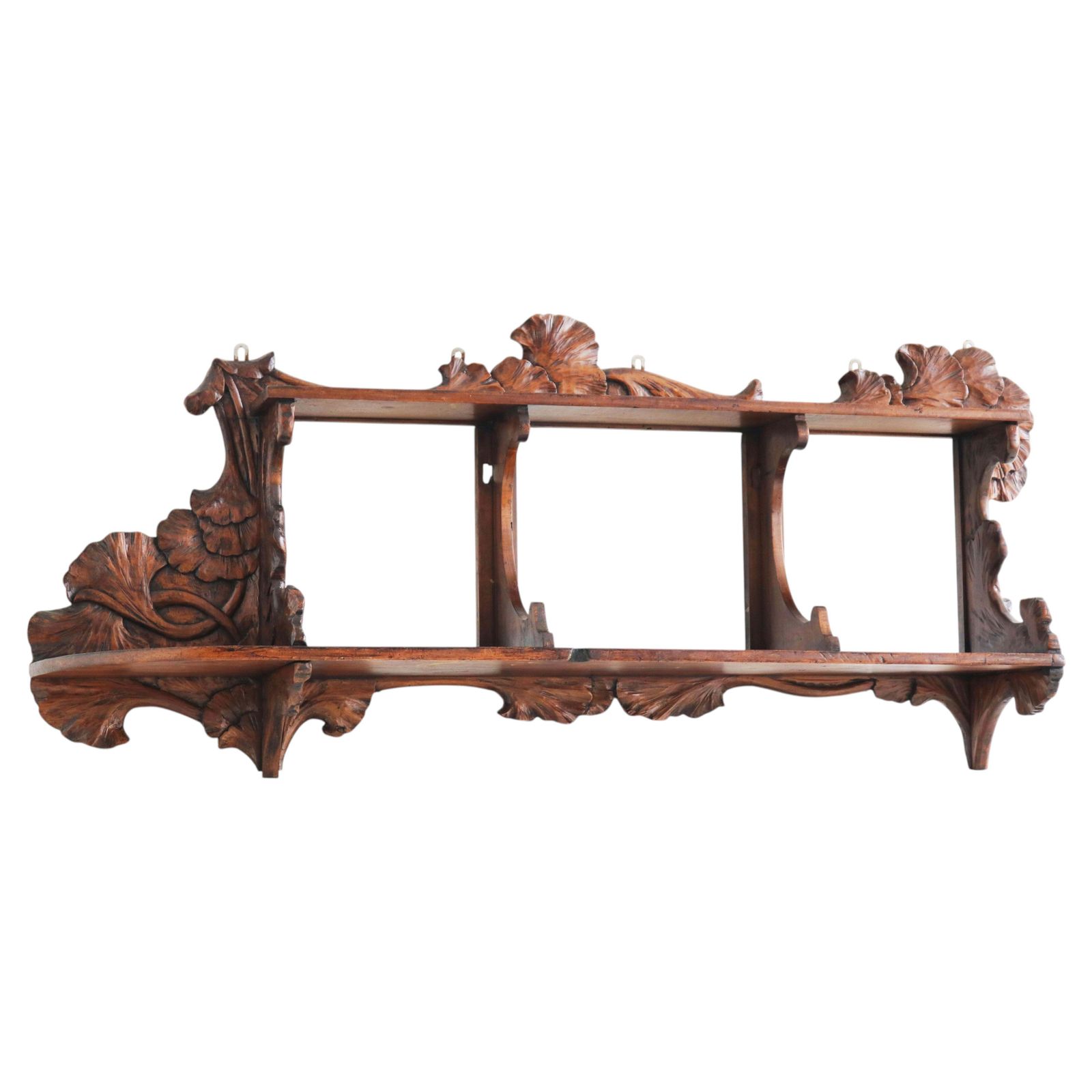Antieke grote Art Nouveau 'Ginko' wandplank / boekenplank, Frankrijk ca. 1900, walnoot