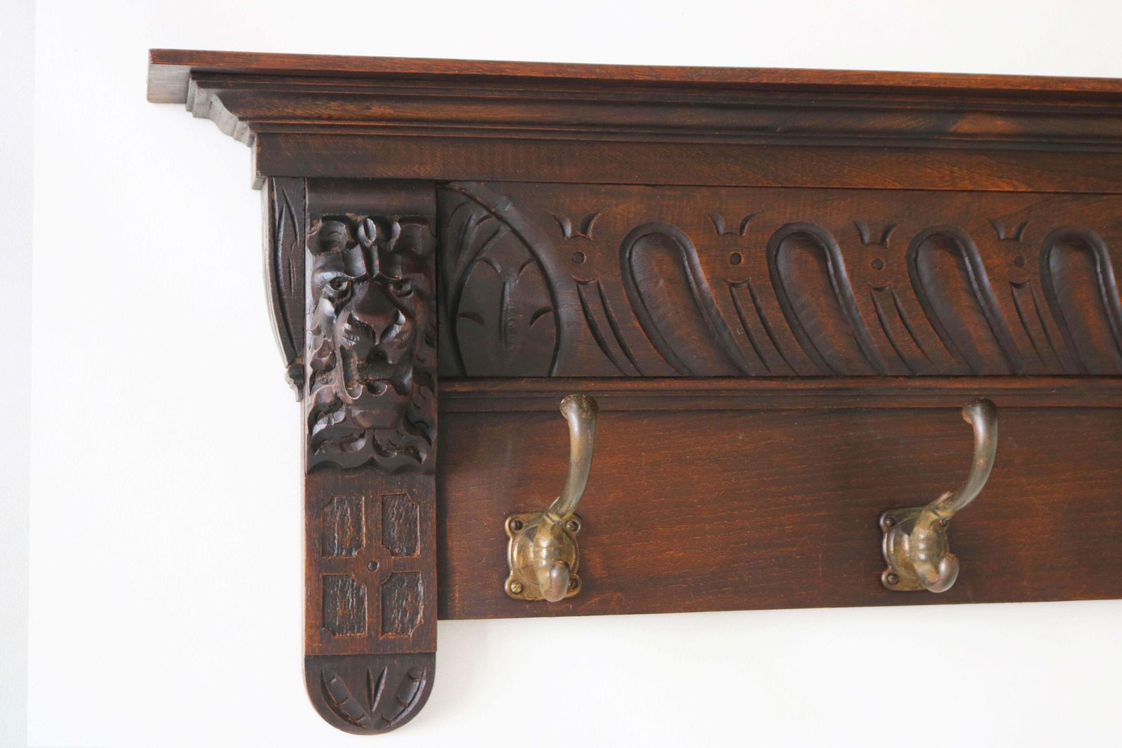 Antique Renaissance Revival Coat Rack / Hat Rack 1880 Lion Masks Carved Oak photo for sale