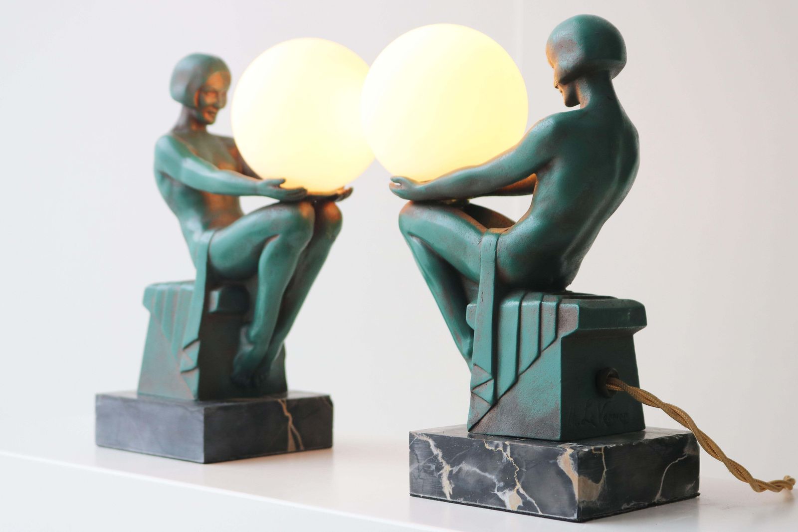 photo furniture Rare Pair Original ''Délassement'' Table Lamps By Max Le Verrier 1930 France