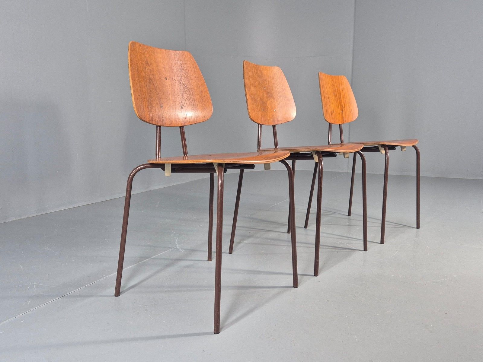 3 Vintage Danish Stacking Chairs Industrial Design Steel Teak Retro 60s Eb12491 photo furniture