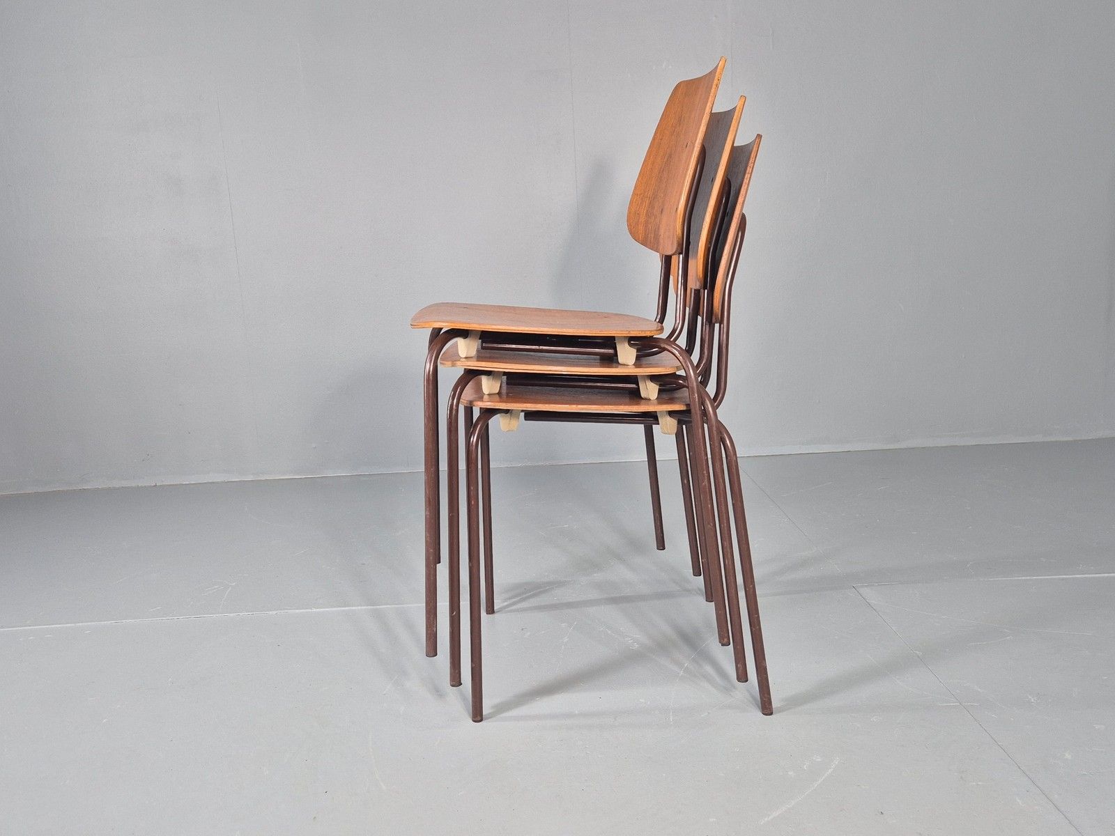 200.0 3 Vintage Danish Stacking Chairs Industrial Design Steel Teak Retro 60s Eb12491 photo