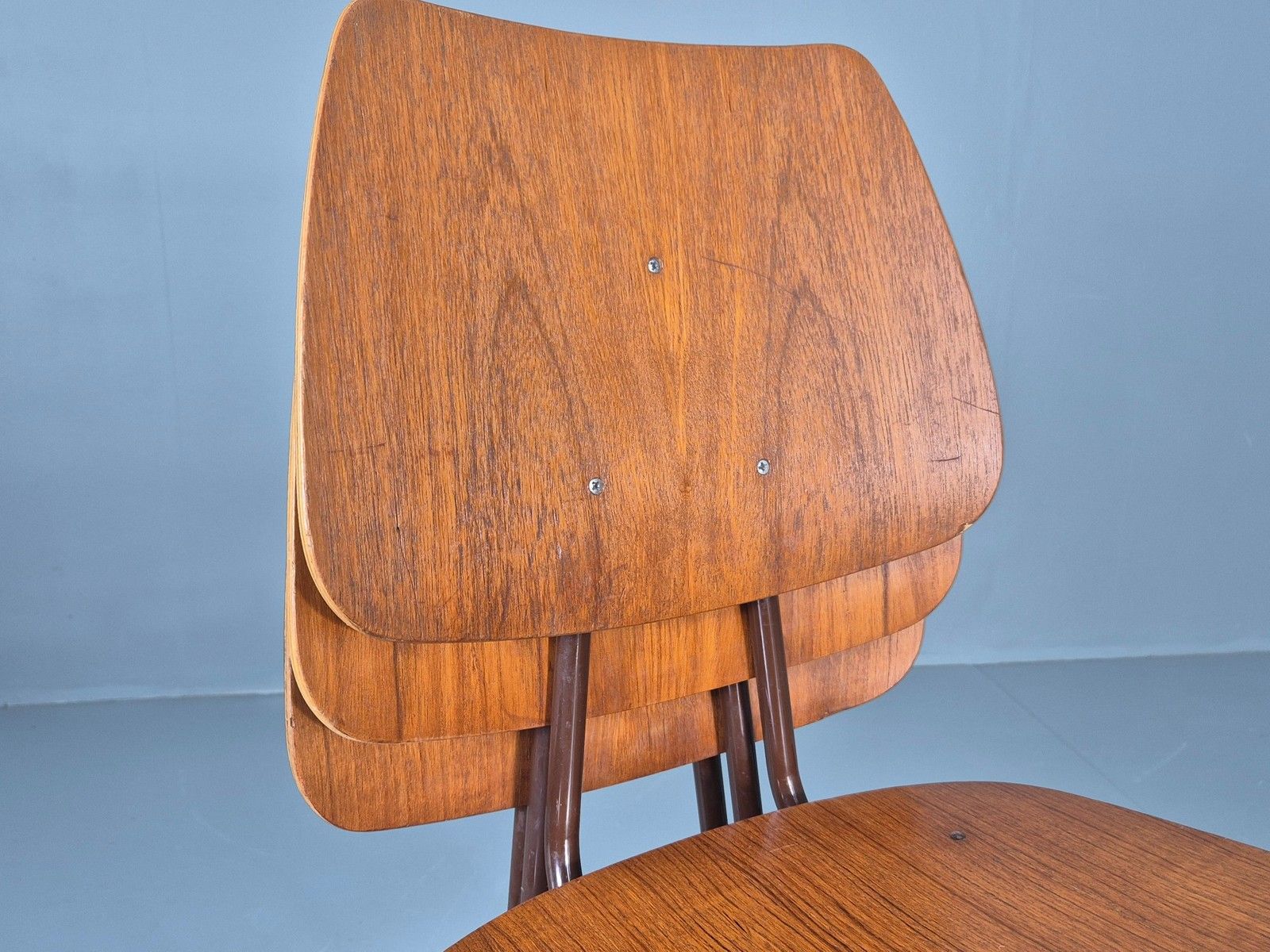 photo buy 3 Vintage Danish Stacking Chairs Industrial Design Steel Teak Retro 60s Eb12491