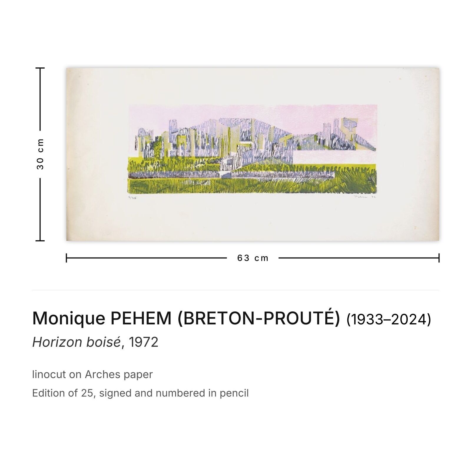 Monique Pehem (Breton Prouté) Gesigneerde Linosnede Horizon Boisé 1972 photo furniture