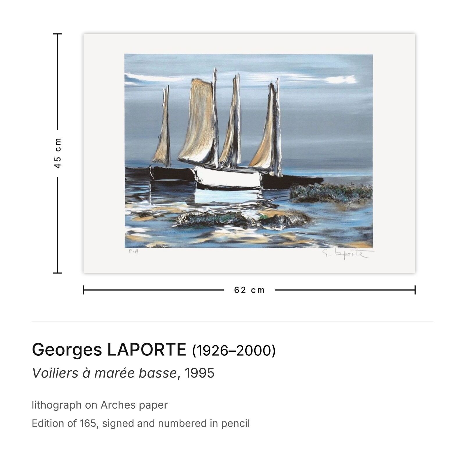 Georges Laporte Gesigneerde Lithografie Voiliers à Marée Basse 1995 photo furniture