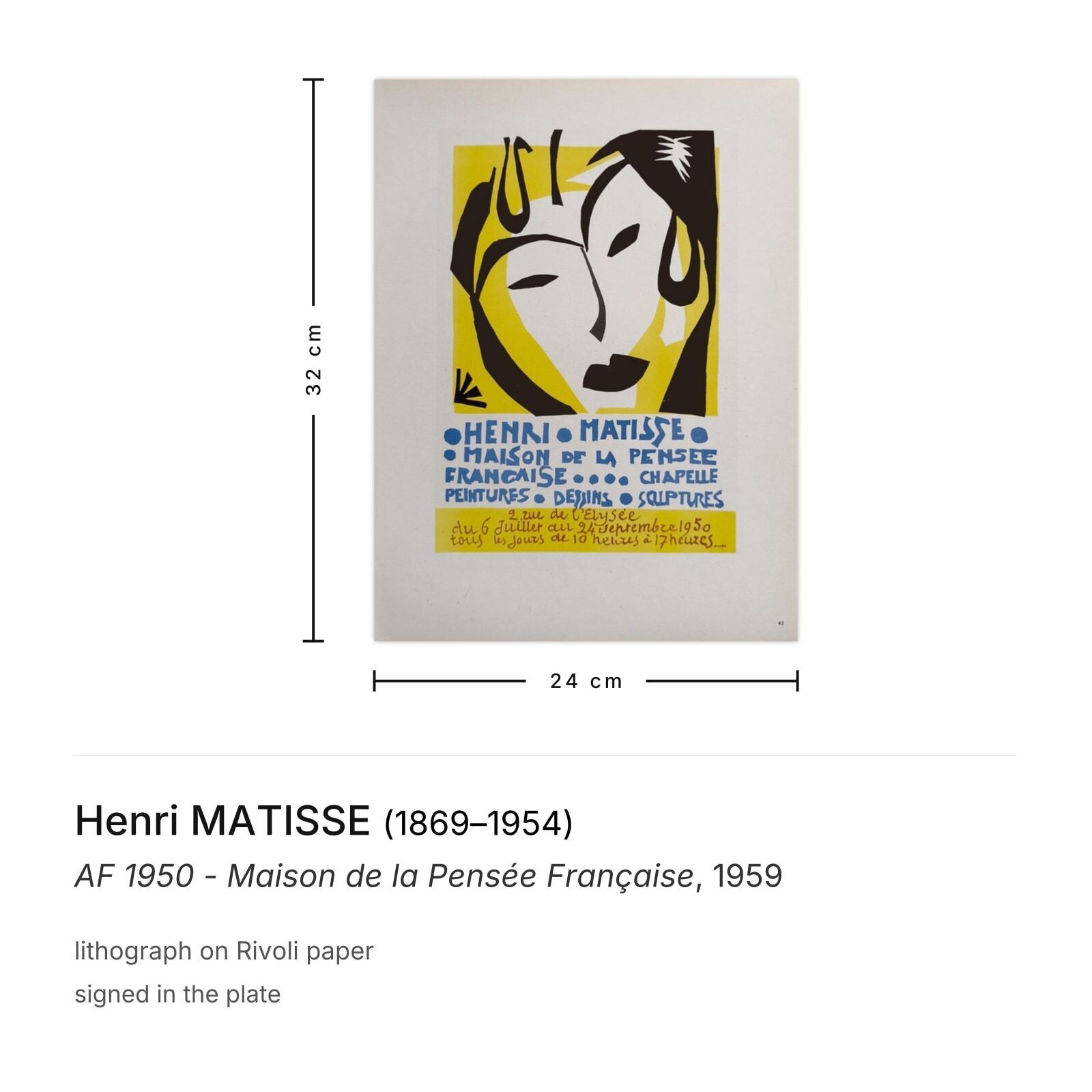 Henri Matisse Lithografie Af 1950 Maison De La Pensée Française 1959 photo furniture