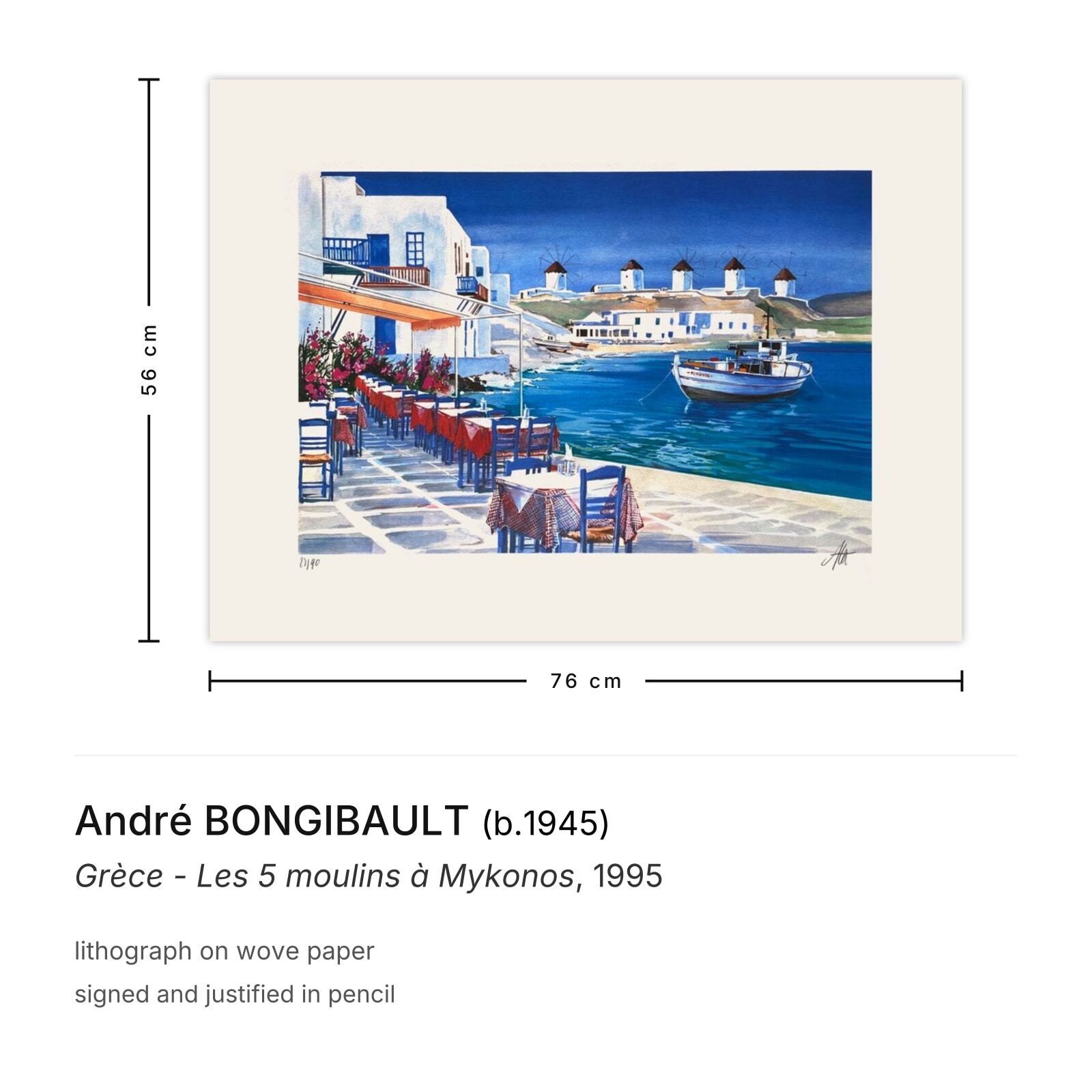 André Bongibault Gesigneerde Lithografie Grèce Les 5 Moulins à Mykonos 1995 photo furniture