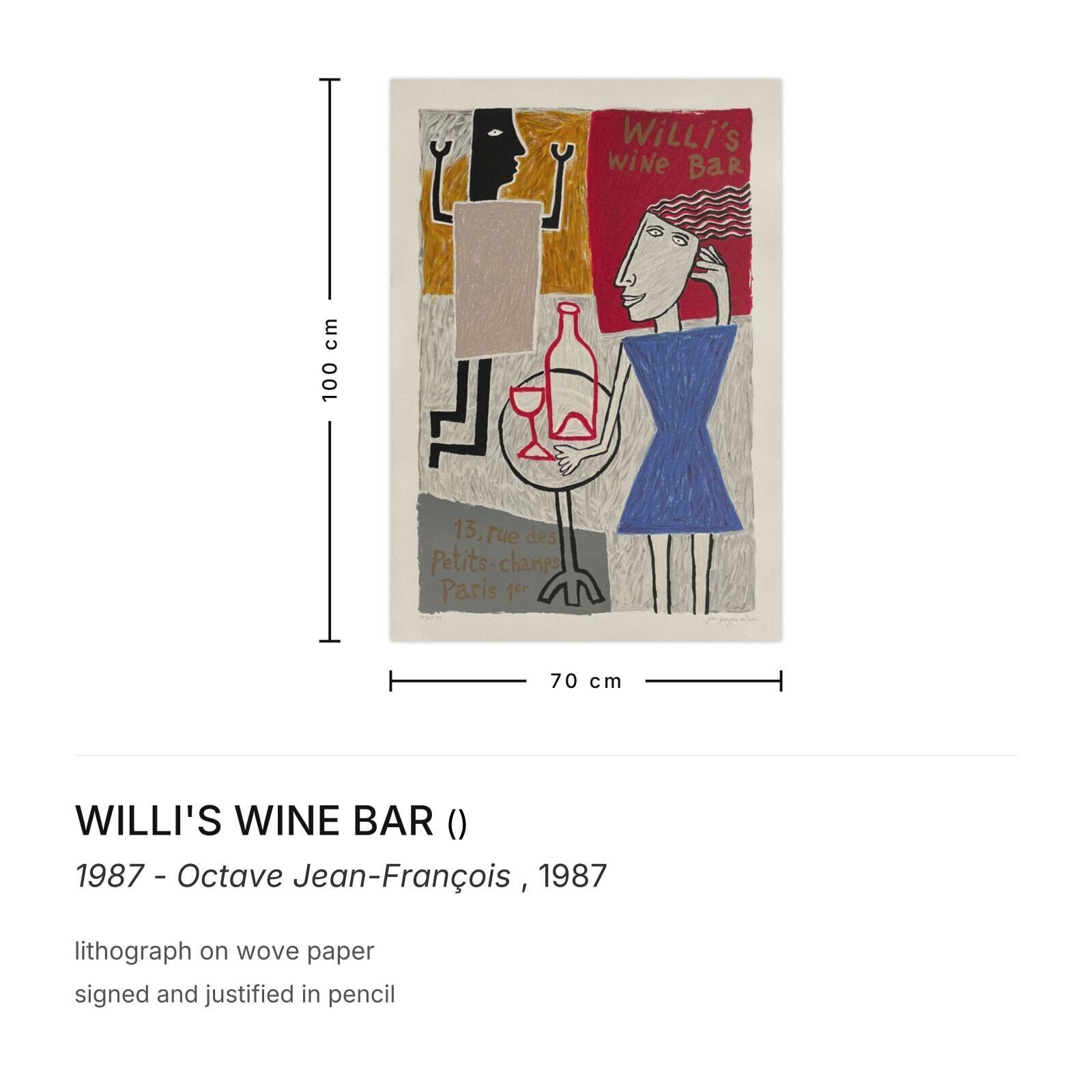 Willi's Wine Bar Gesigneerde Lithografie 1987 Octave Jean François photo furniture