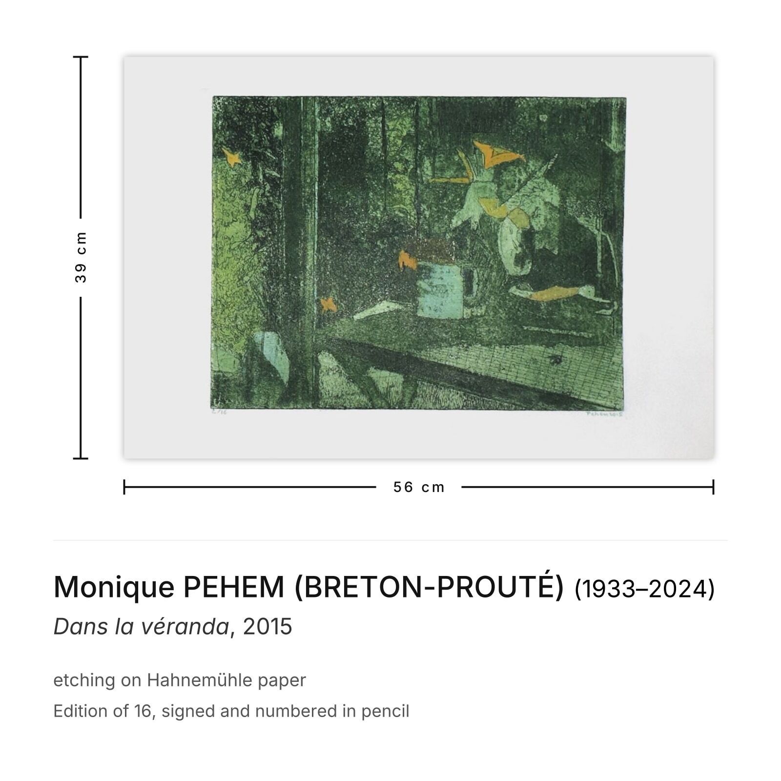 Monique Pehem (Breton Prouté) Gesigneerde ets Dans La Véranda 2015 photo furniture