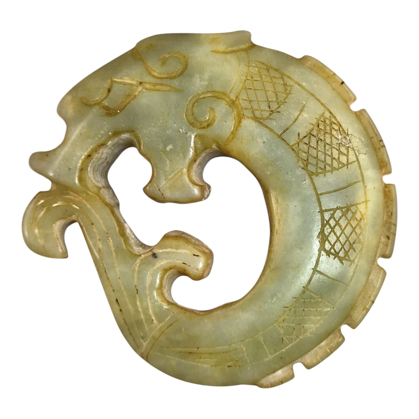 Chinese Fangu stenen amuletensemble met Bi-schijf, Qilin, Chilong-draak en karper photo for sale