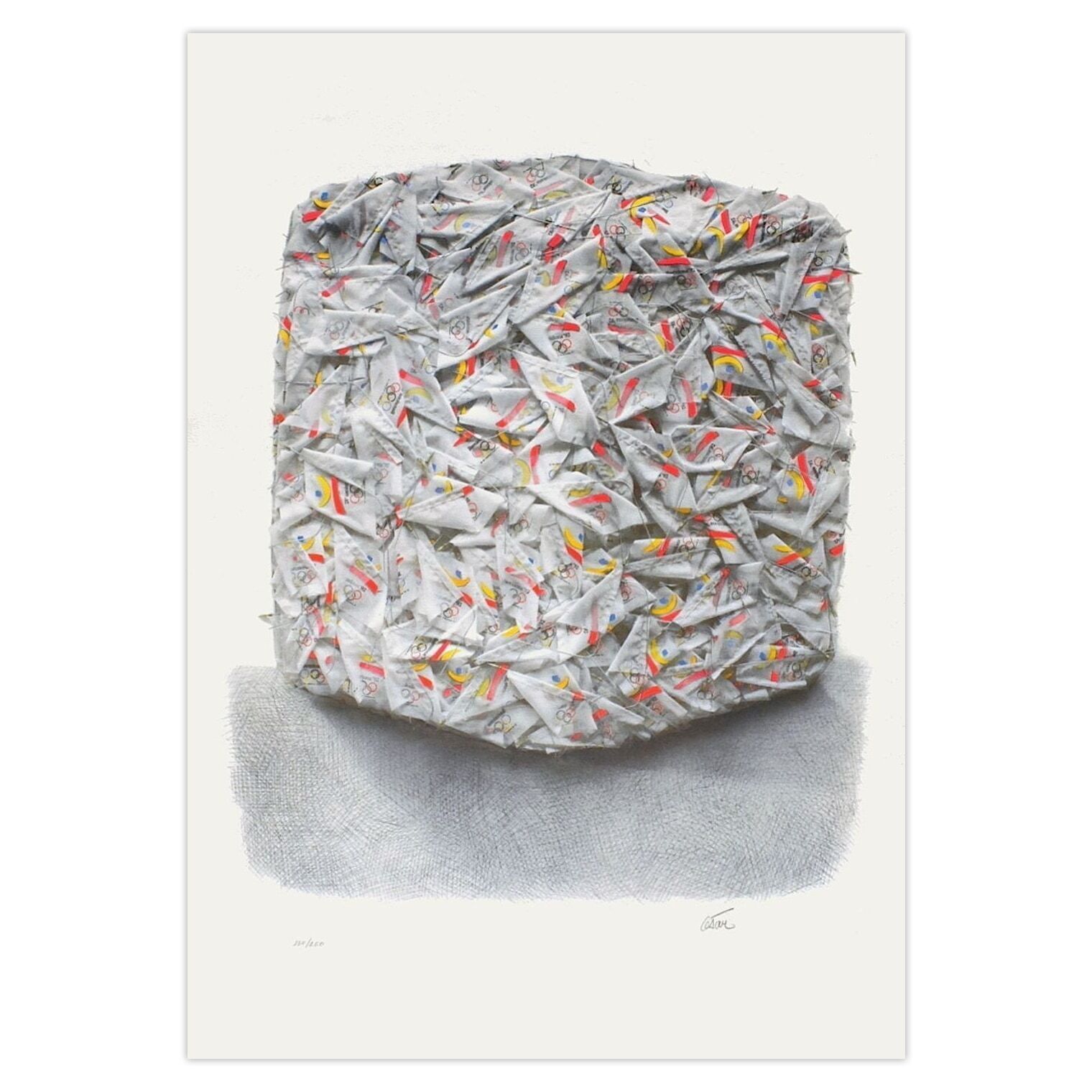 (César Baldaccini) César Gesigneerde Lithografie Compression De Drapeaux Olympiques (Jo Barcelona) 1992