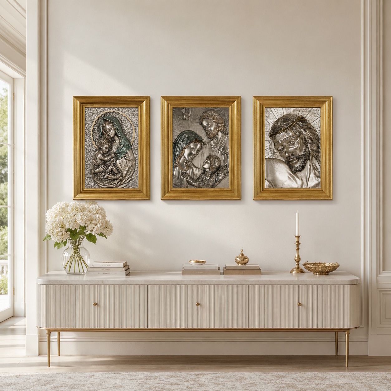 Set Of Three Italian 1970s Florentine 925 Silver Plated Religious Bas Reliefs