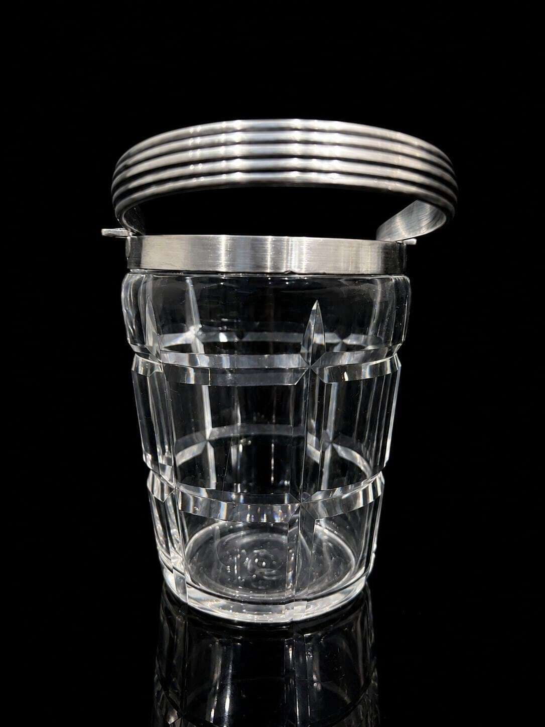 Crystal Ice Bucket 40s Molded Glass And Metal, Mid Century French Bar Accessory Bar Cart Decor Gift For Him Bartender
