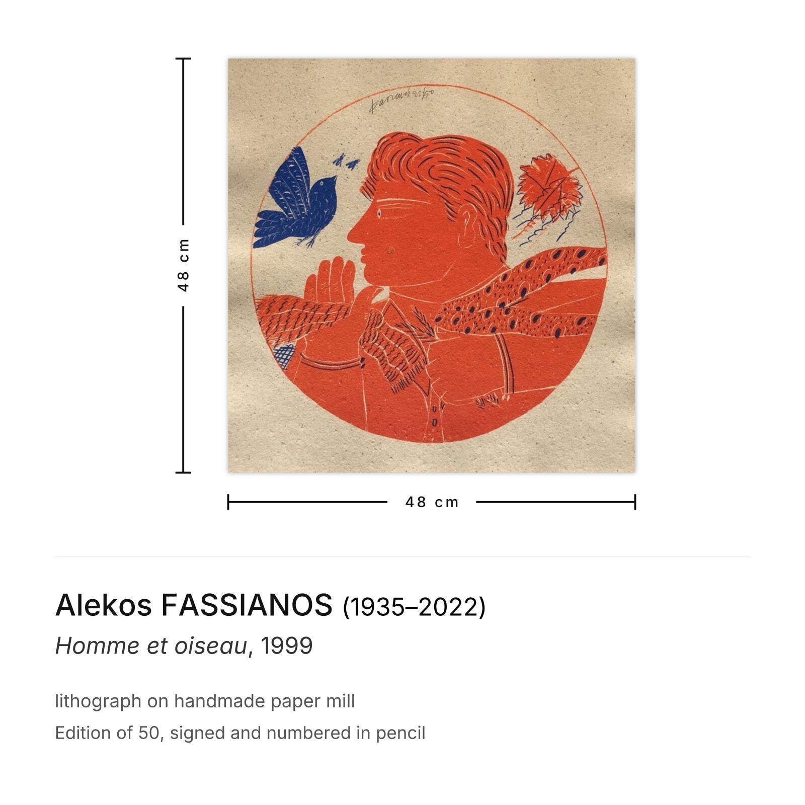Alekos Fassianos Signed Lithograph Homme Et Oiseau 1999 photo furniture