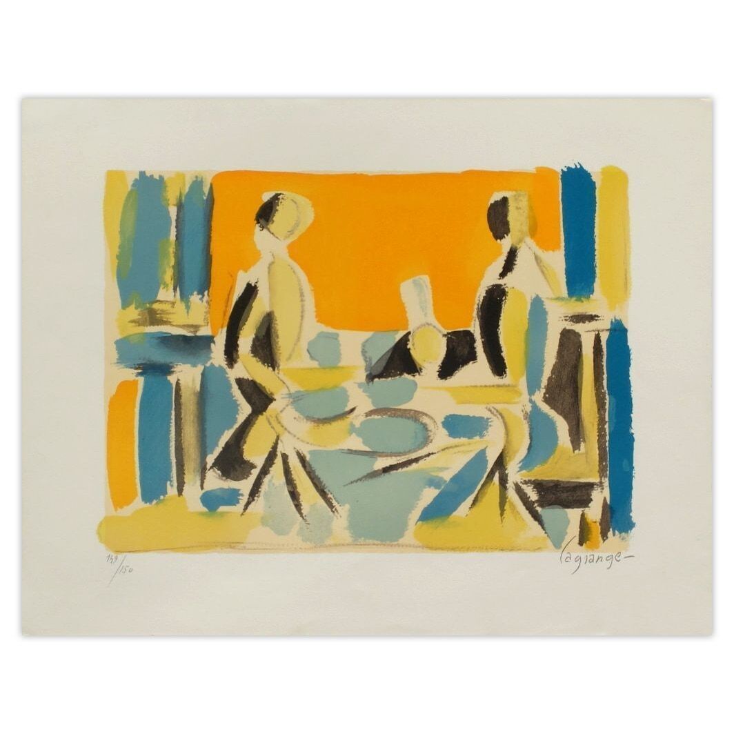 Jacques Lagrange Gesigneerde Lithografie Trois Personnages à Table 1985