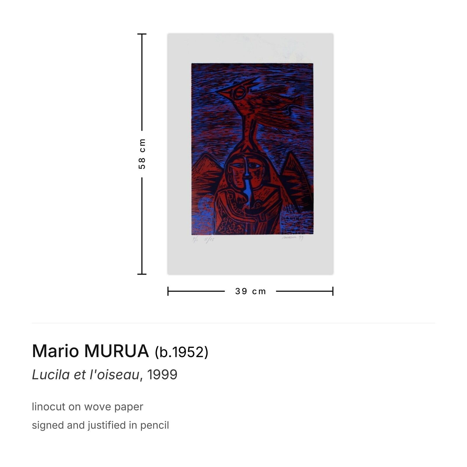 Mario Murua Gesigneerde Linosnede Lucila Et L'oiseau 1999 photo furniture