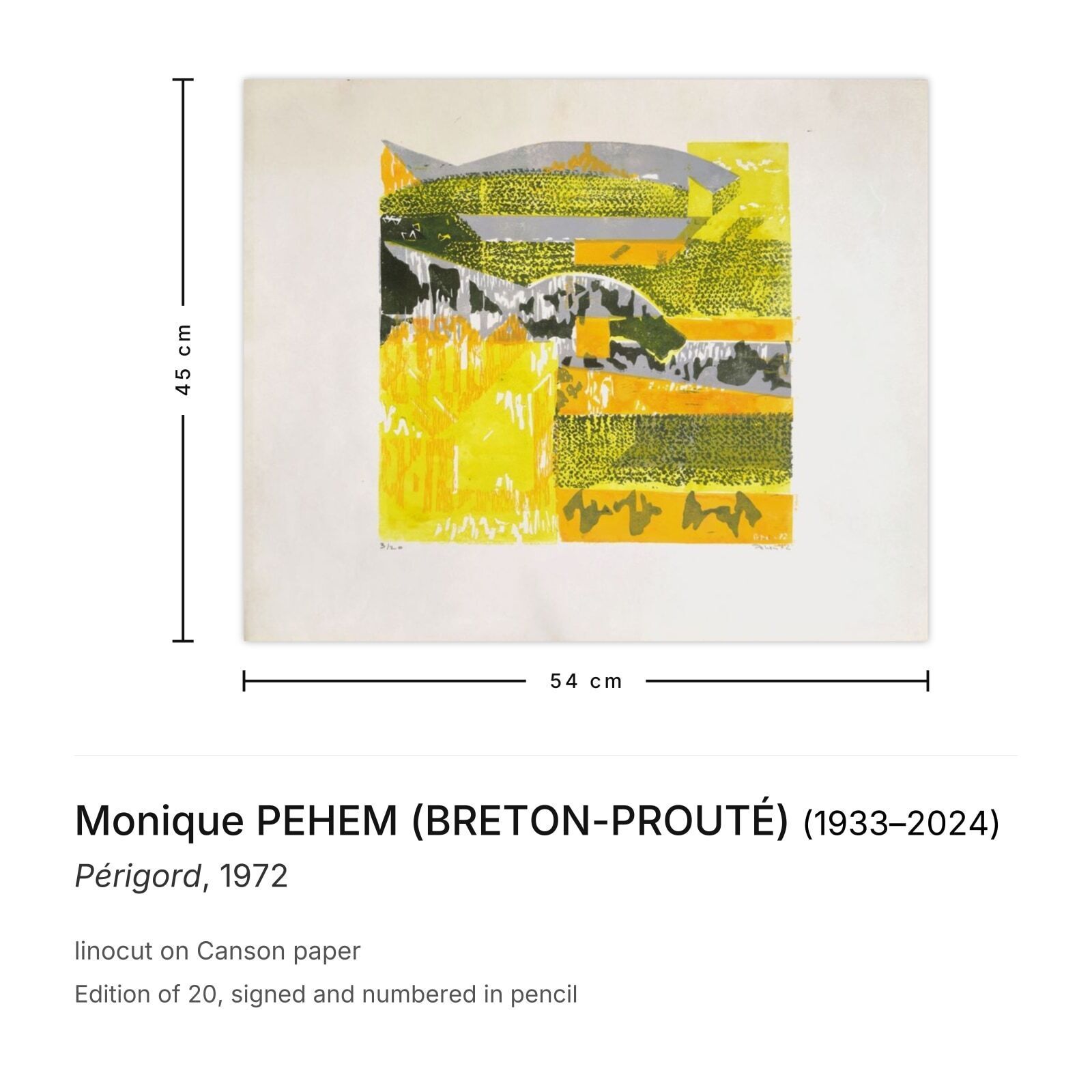 Monique Pehem (Breton Prouté) Gesigneerde Linosnede Périgord 1972 photo furniture