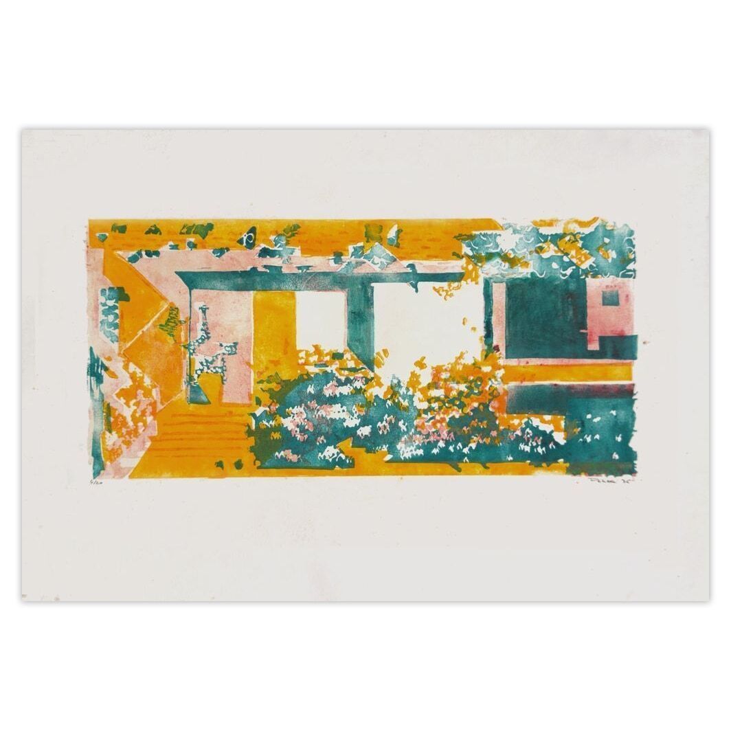 Monique Pehem (Breton Prouté), gesigneerde linosnede, Façade Fleurie, 1976
