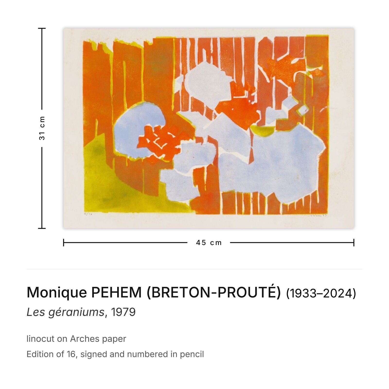 Monique Pehem (Breton Prouté) Signed Linocut Les Géraniums 1979 photo furniture