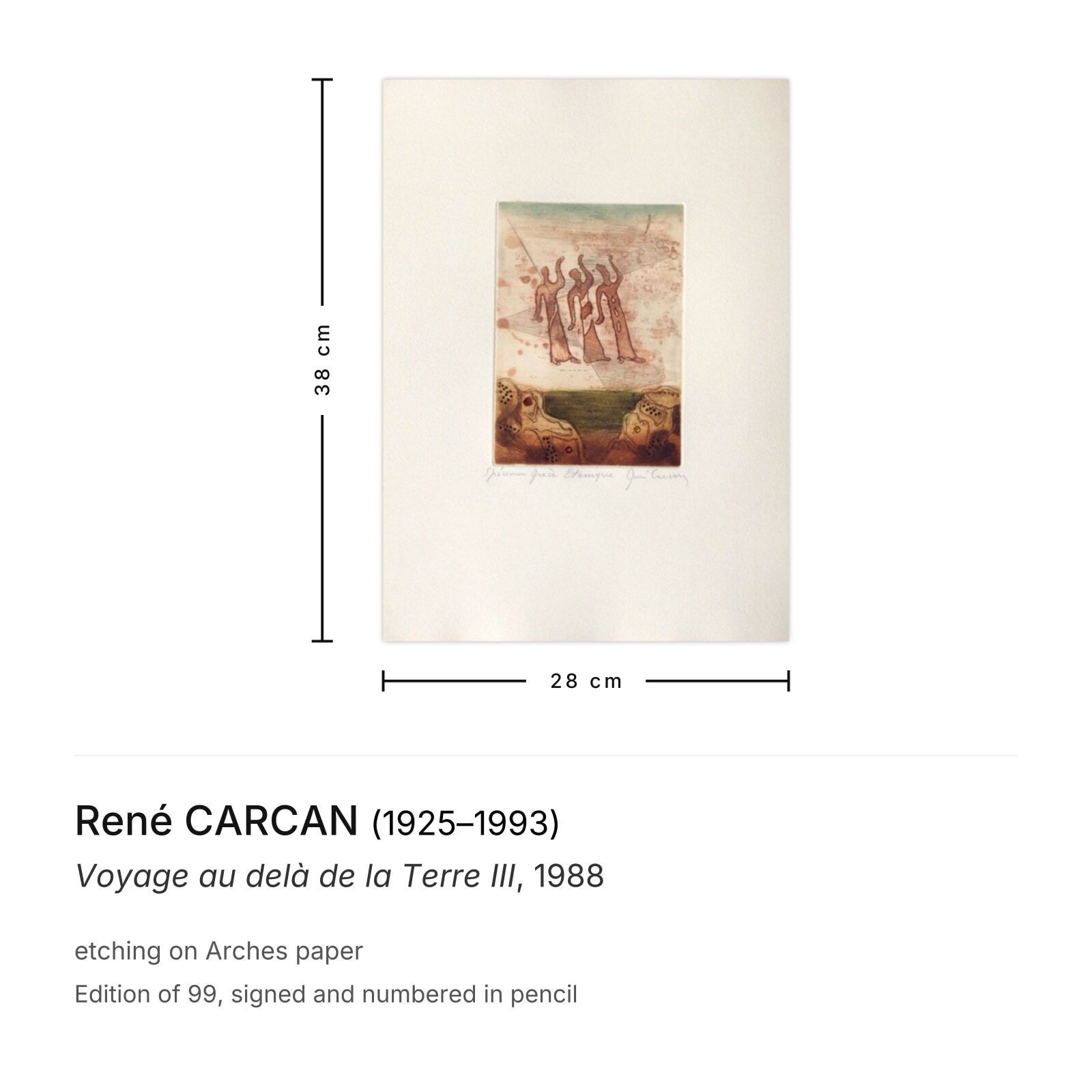 René Carcan Signed Etching Voyage Au Delà De La Terre III 1988 photo furniture