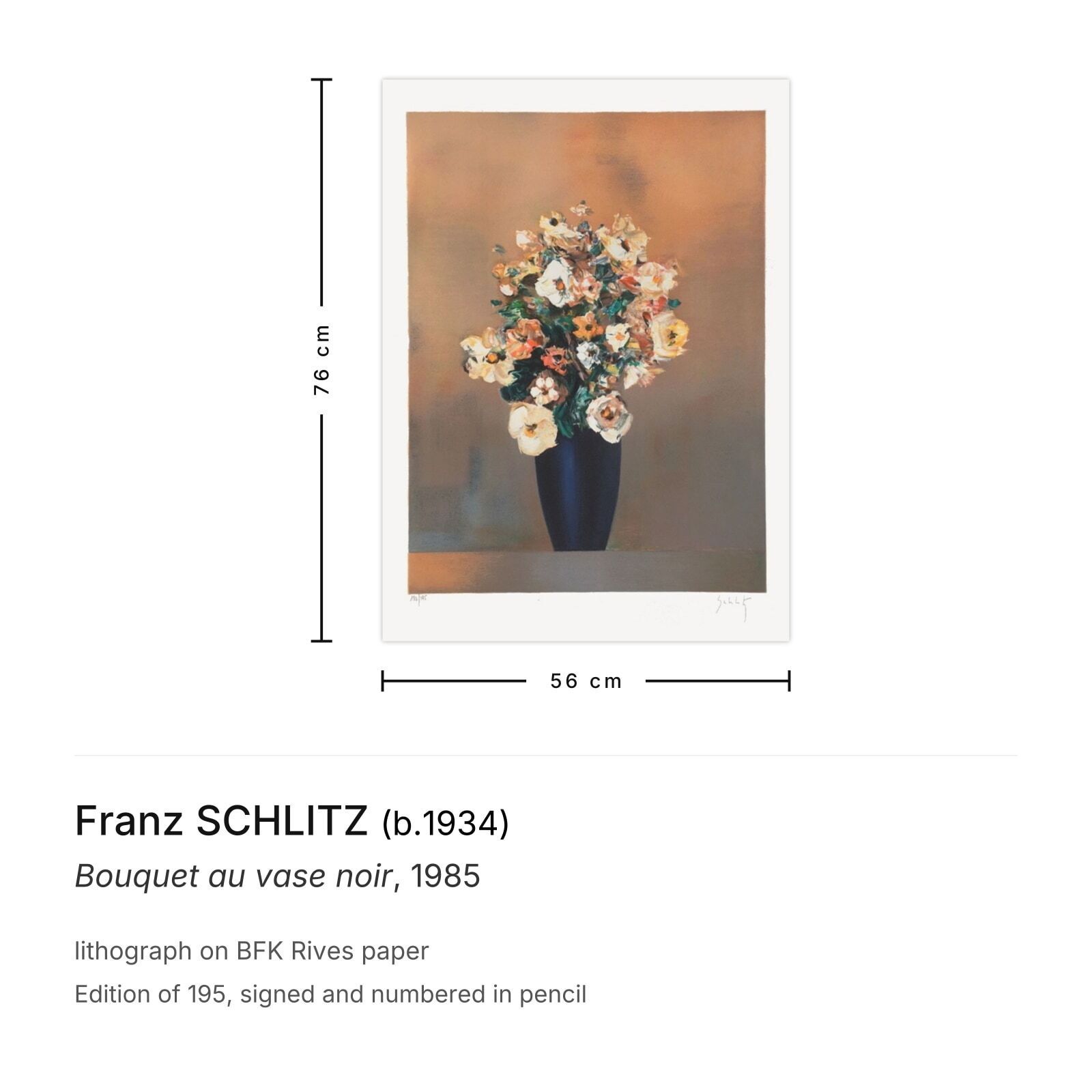 Franz Schlitz Gesigneerde Lithografie Bouquet Au Vase Noir 1985 photo furniture