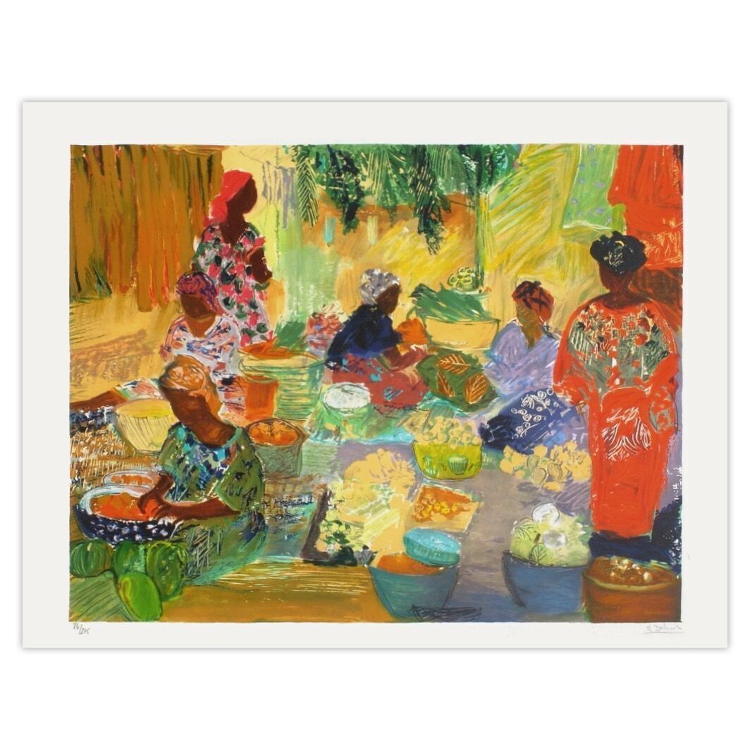 Nancy Delouis Gesigneerde Lithografie Marché Exotique
