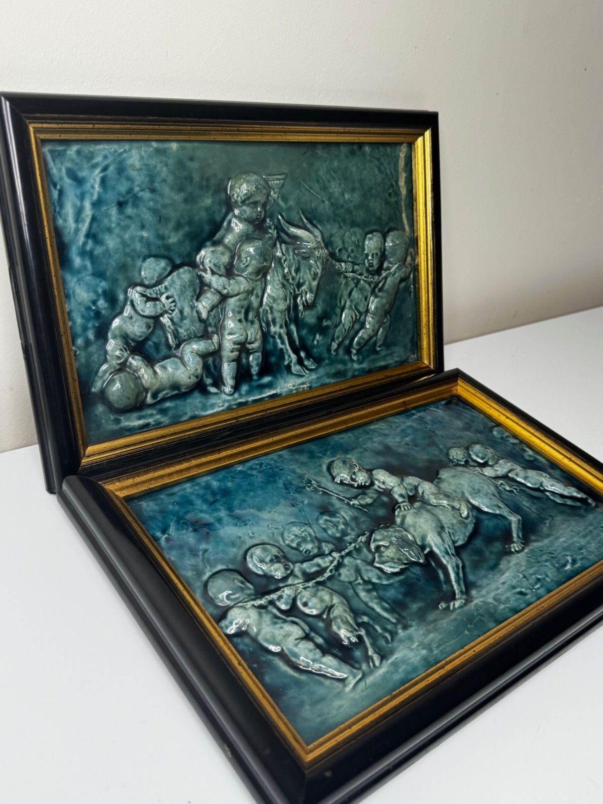 Arts & Crafts Keramische Tegeltableaus met Kinderen, Sater, Hond en Geit, toegeschreven aan Reginald Robert Tomlinson photo for sale