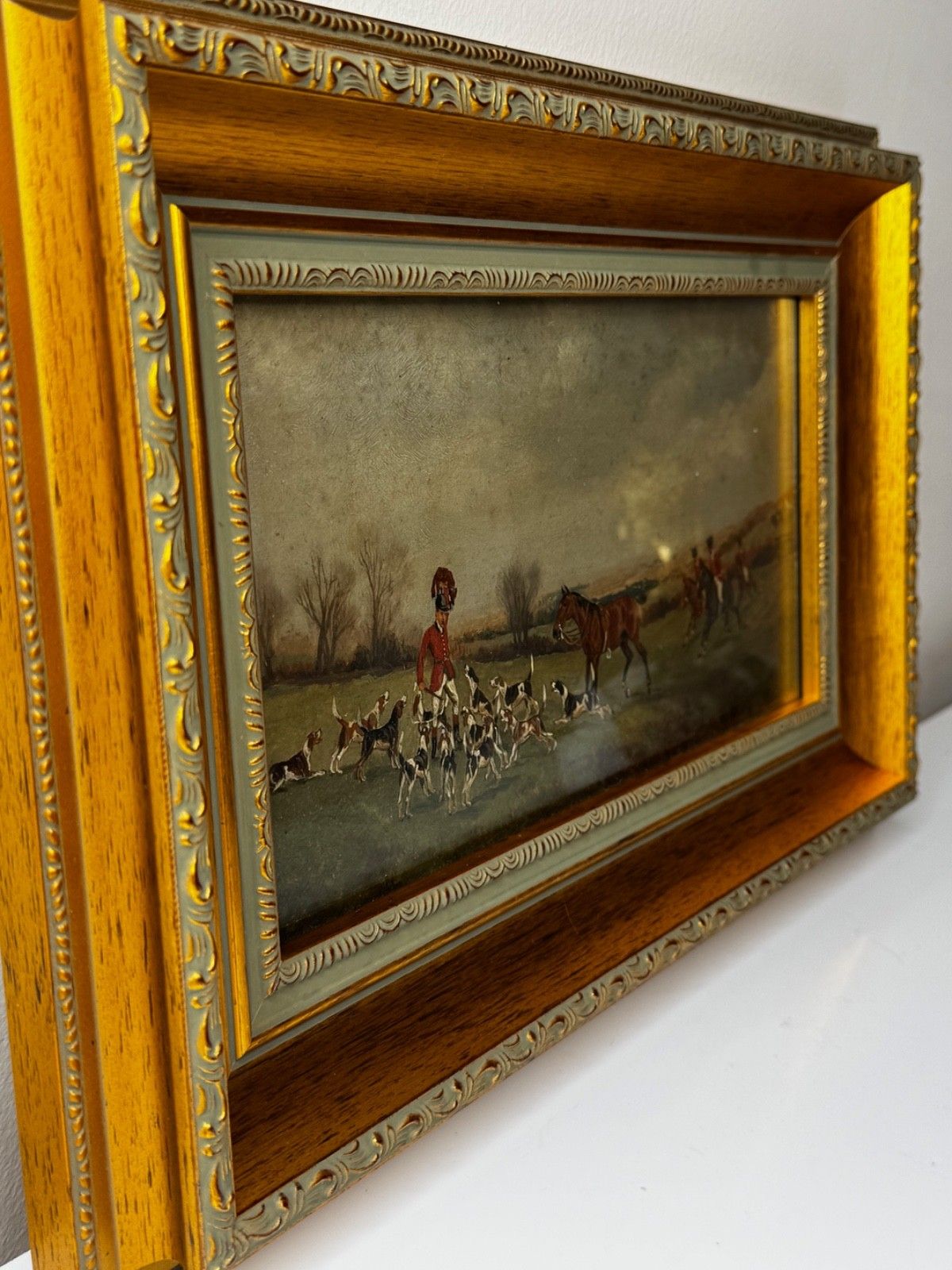 photo vinterior Victorian olieverfschilderij "The Death The Berkeley Hunt" ca. 1880, gesigneerd door Charles Faulkner